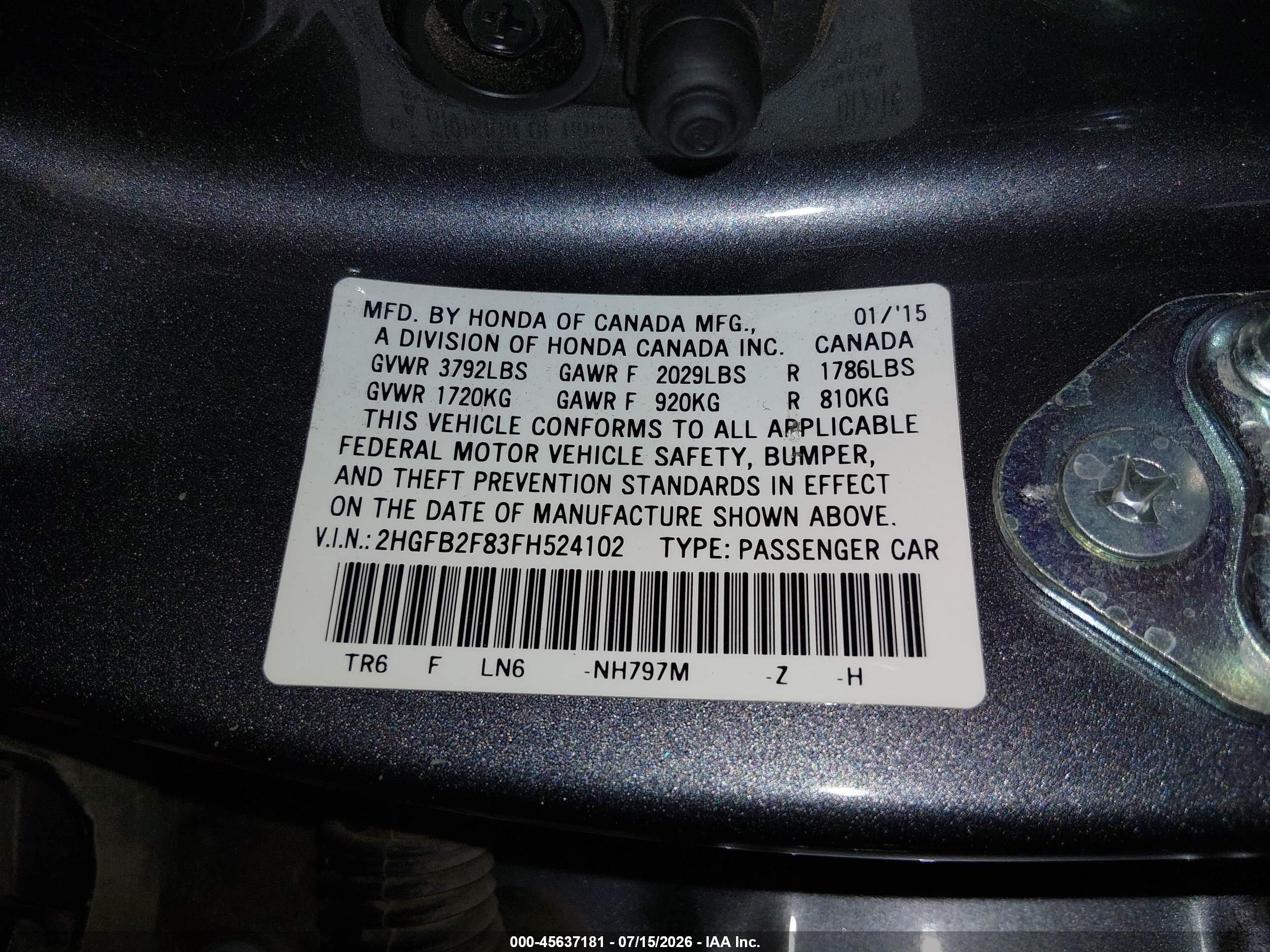 2015 Honda Civic Ex Gray vin: 2HGFB2F83FH524102