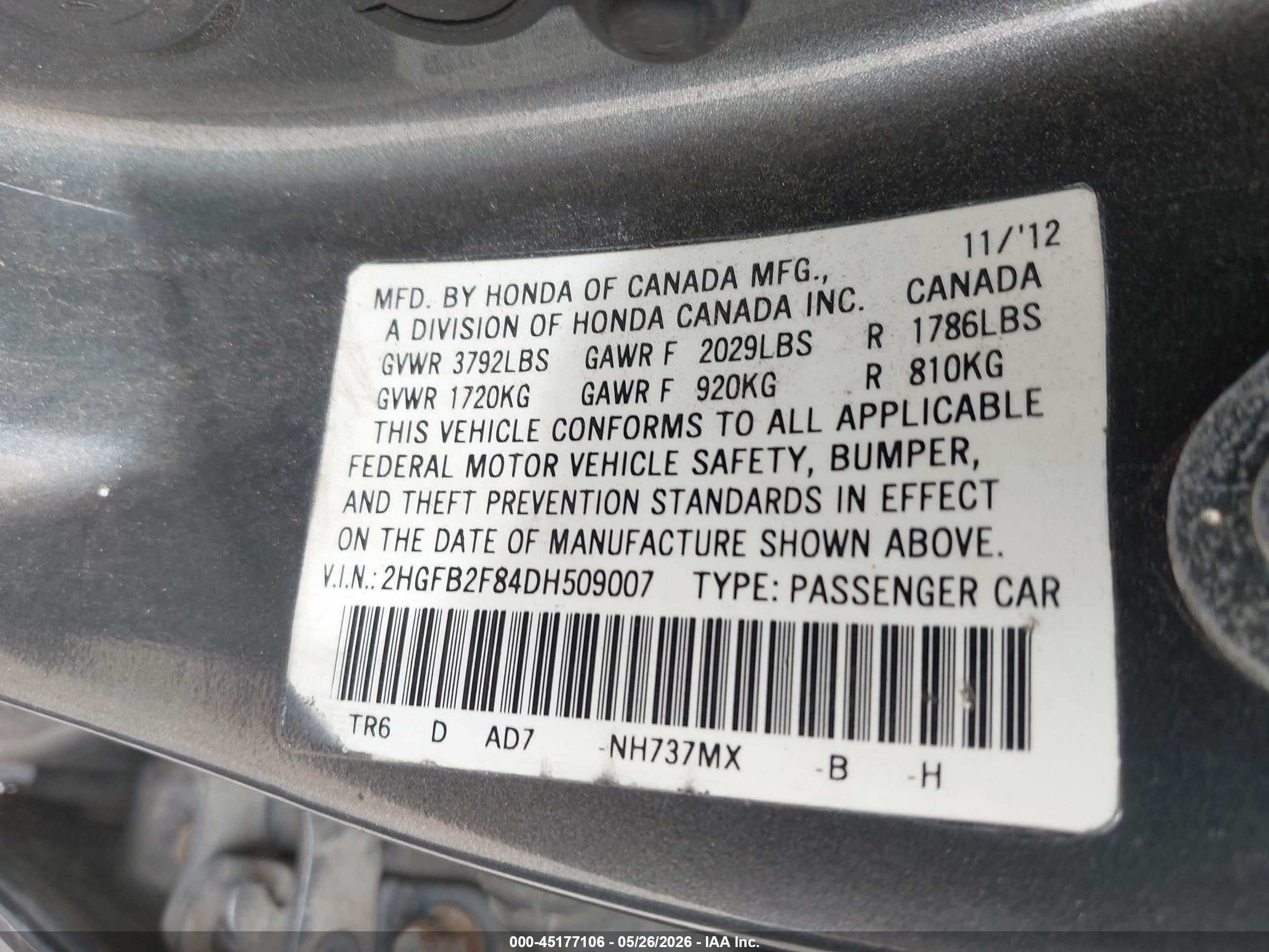 2013 Honda Civic Ex Gray vin: 2HGFB2F84DH509007