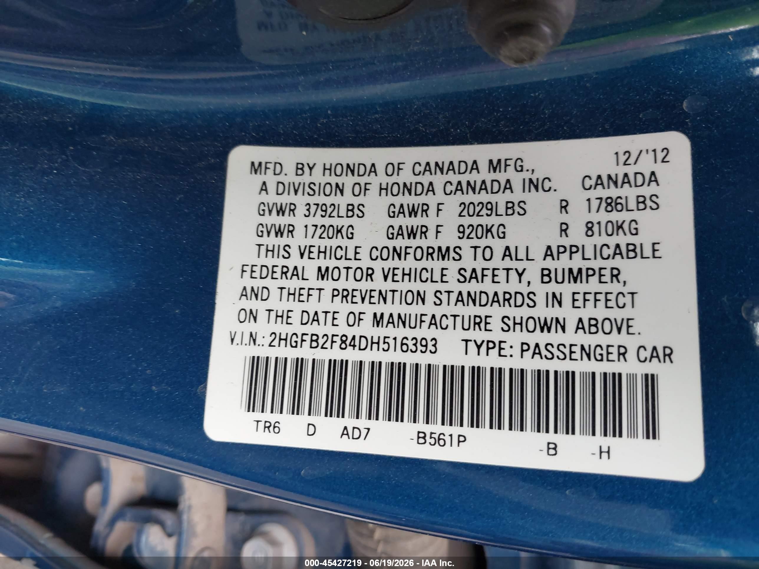 2013 Honda Civic Ex Blue vin: 2HGFB2F84DH516393