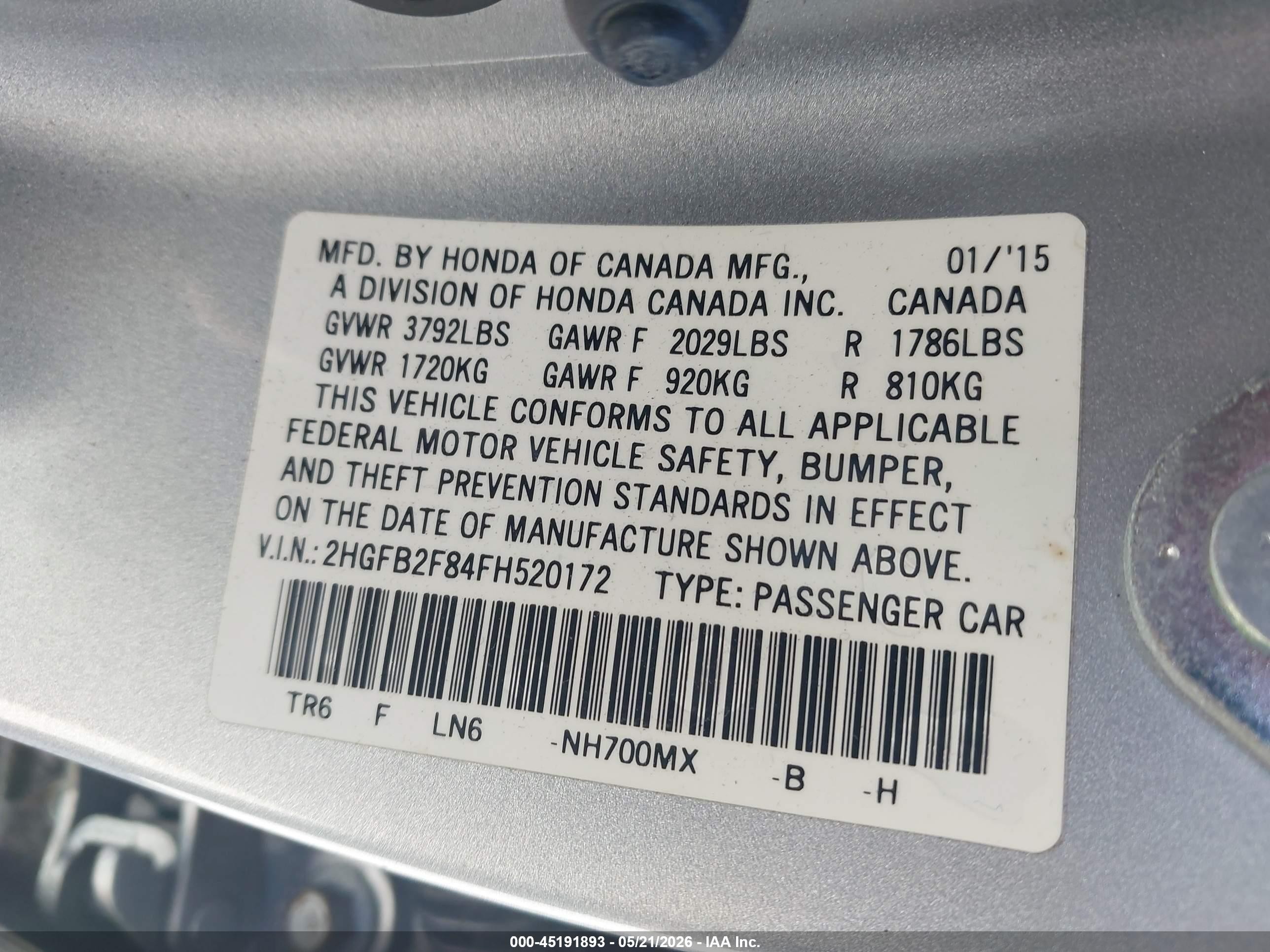 2015 Honda Civic Ex Silver vin: 2HGFB2F84FH520172