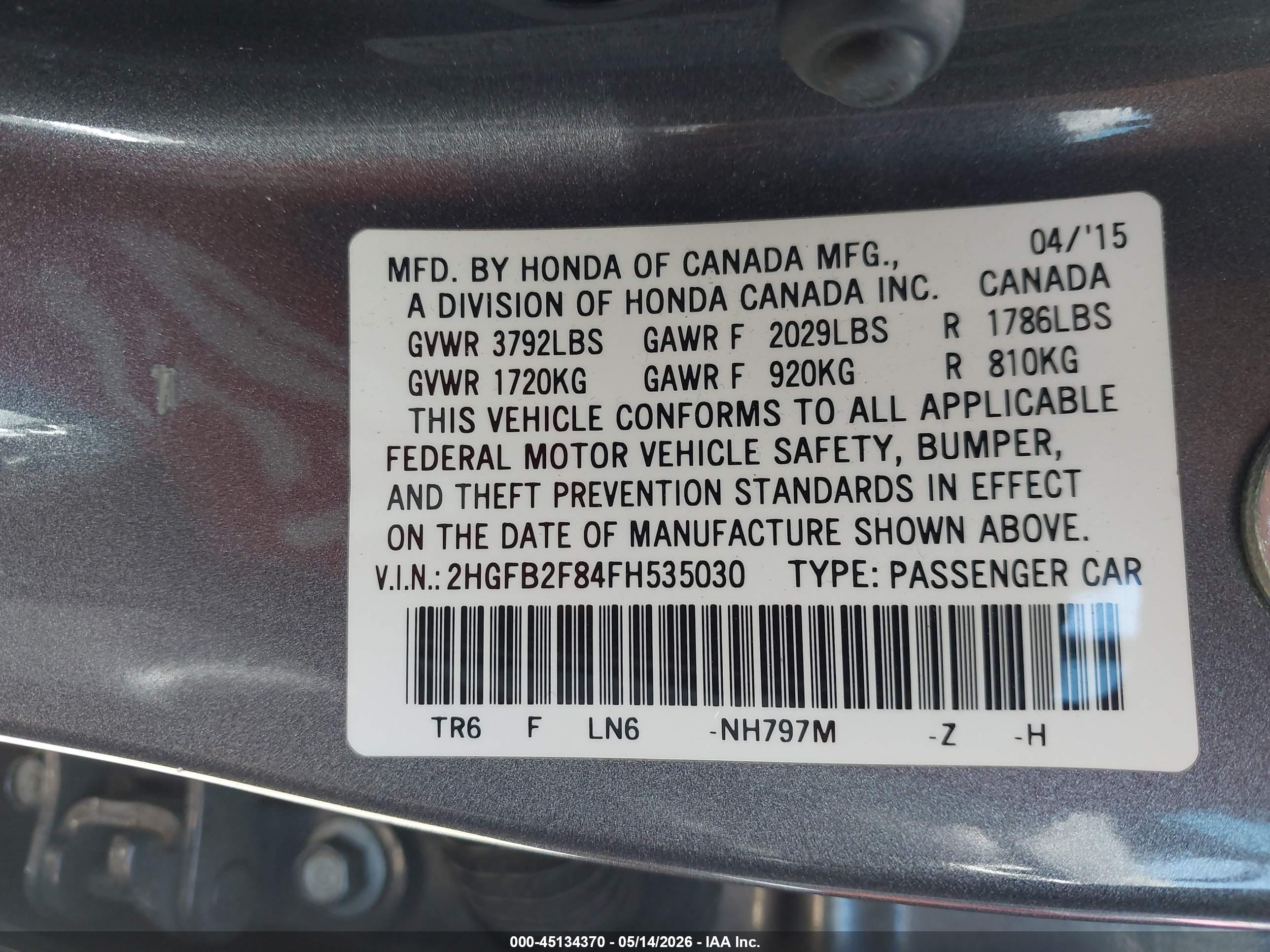 2015 Honda Civic Ex Gray vin: 2HGFB2F84FH535030
