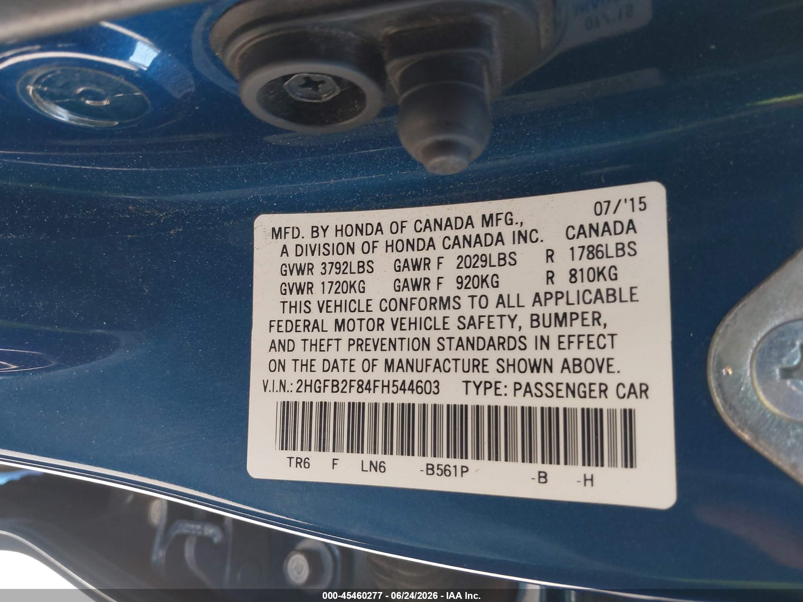 2015 Honda Civic Ex Blue vin: 2HGFB2F84FH544603