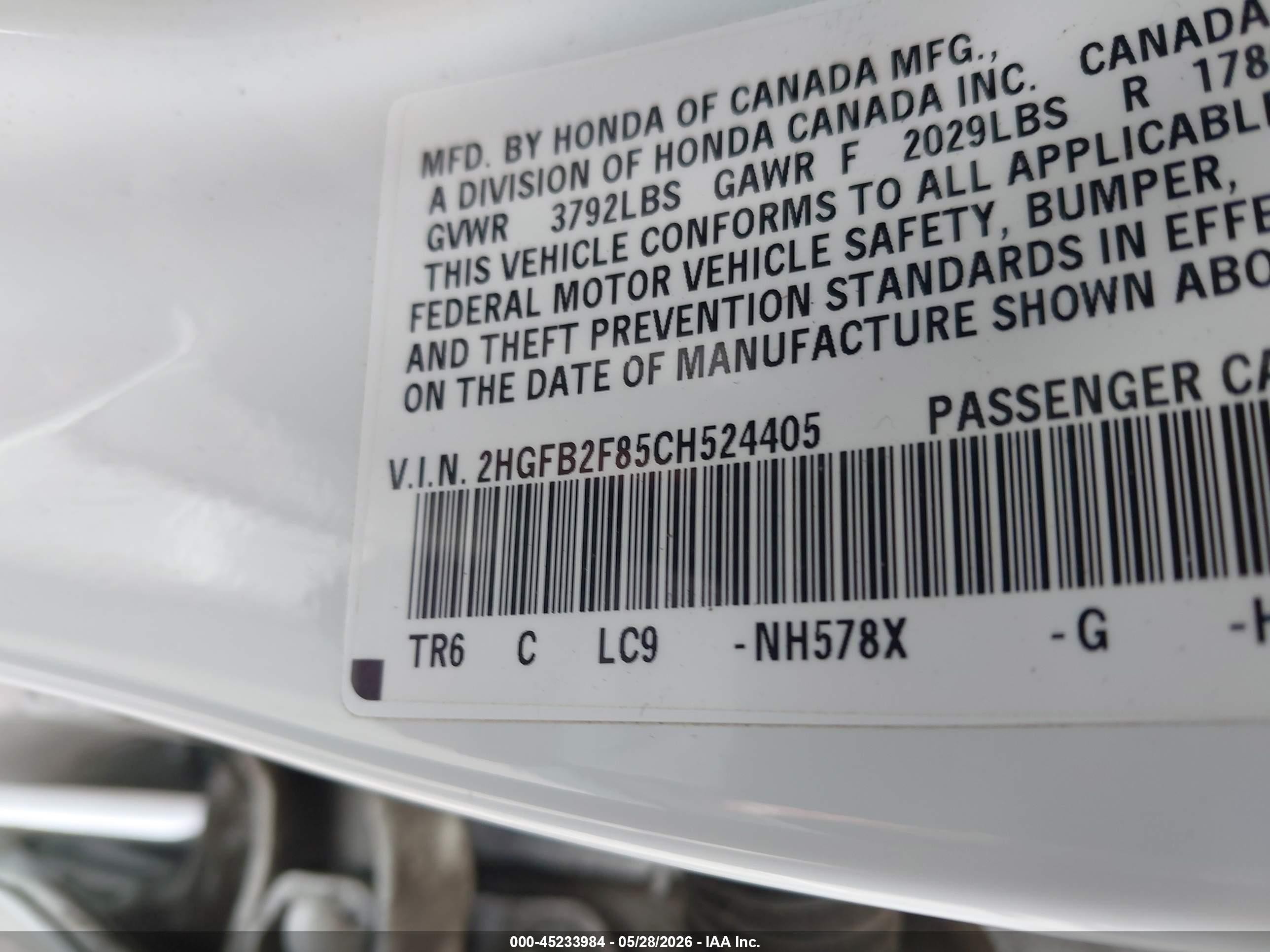 2012 Honda Civic Ex White vin: 2HGFB2F85CH524405