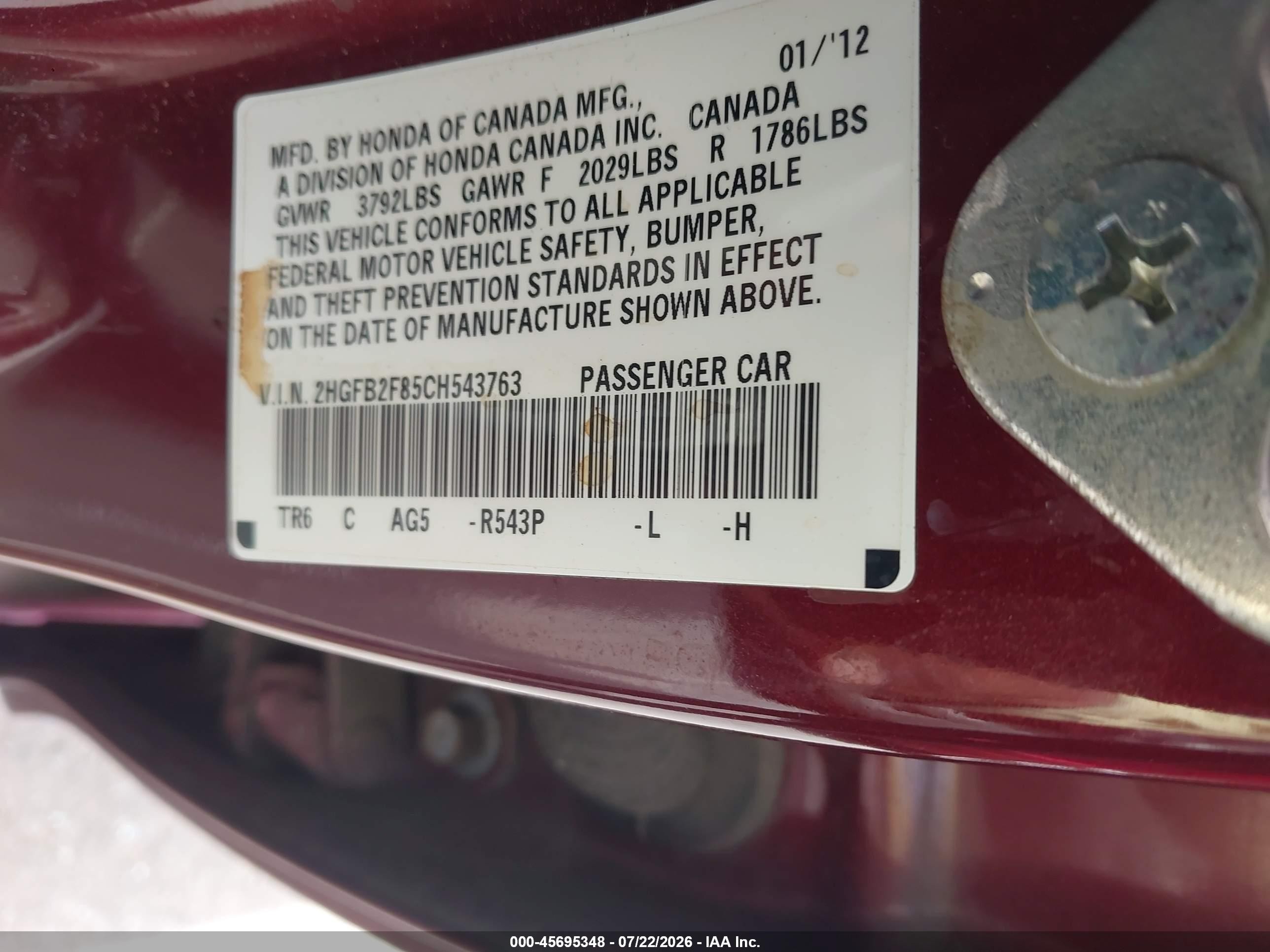 2012 Honda Civic Ex Red vin: 2HGFB2F85CH543763