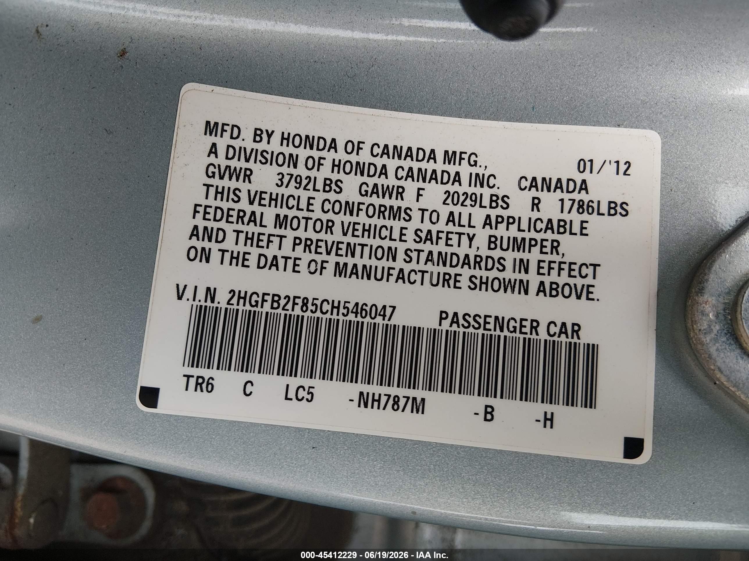 2012 Honda Civic Ex Light Blue vin: 2HGFB2F85CH546047