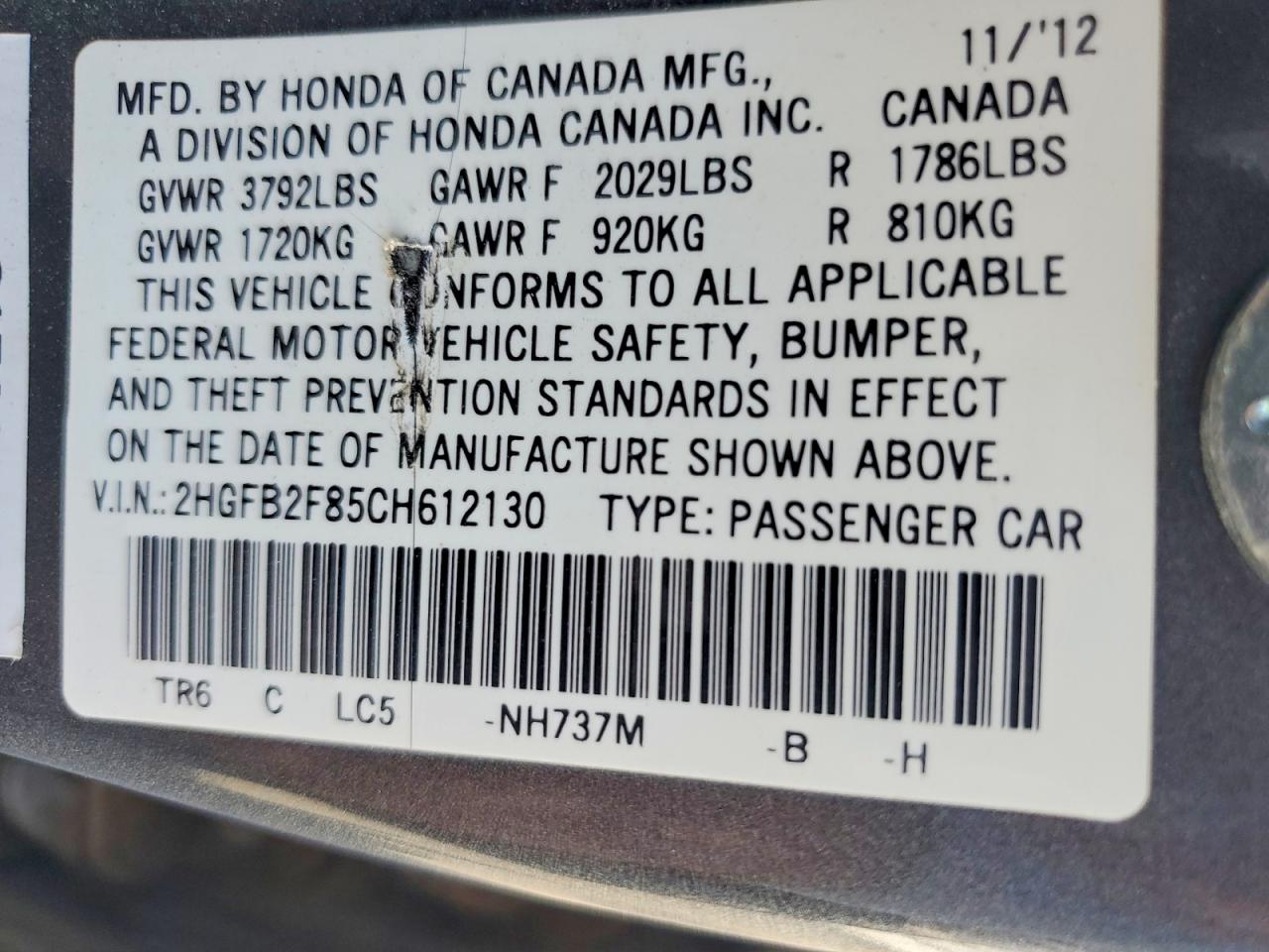 2012 Honda Civic Ex Gray vin: 2HGFB2F85CH612130