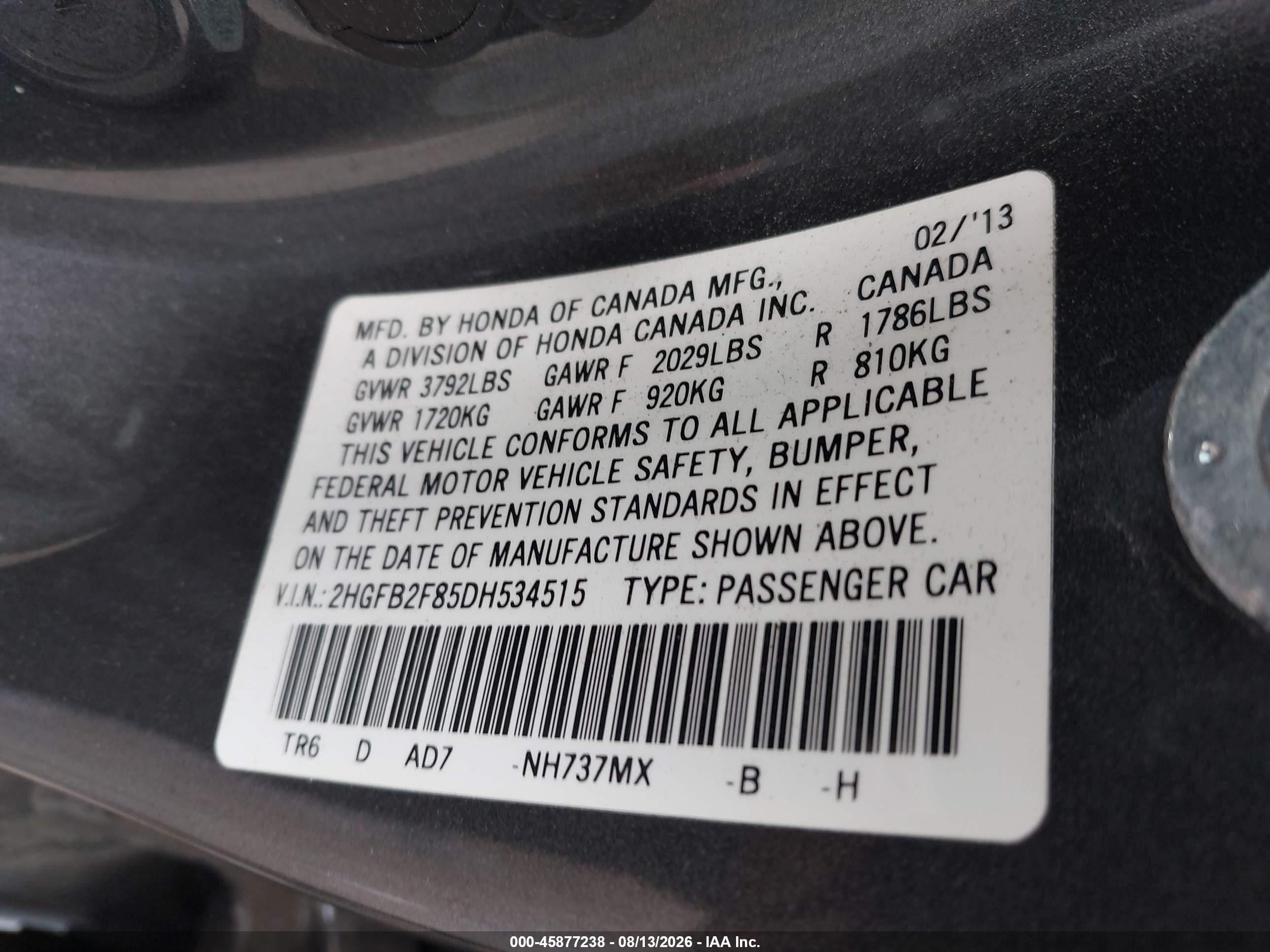 2013 Honda Civic Ex Gray vin: 2HGFB2F85DH534515