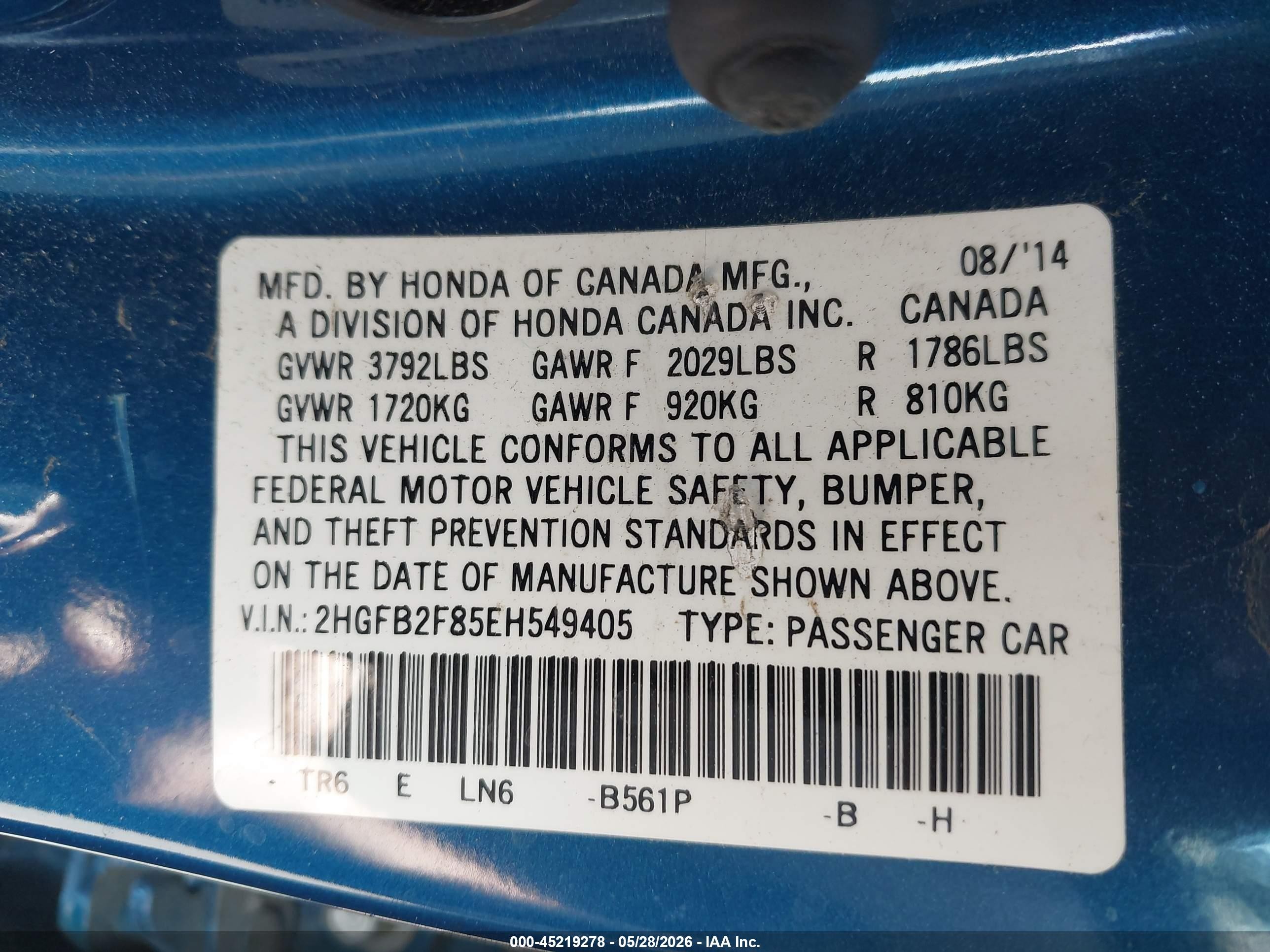 2014 Honda Civic Ex Blue vin: 2HGFB2F85EH549405