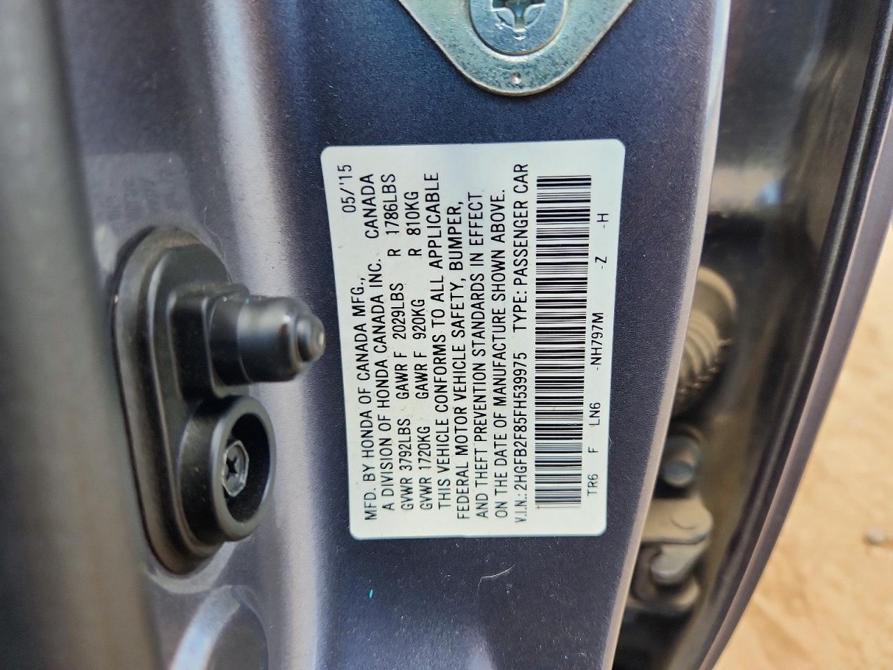 2015 Honda Civic Ex Серый vin: 2HGFB2F85FH539975