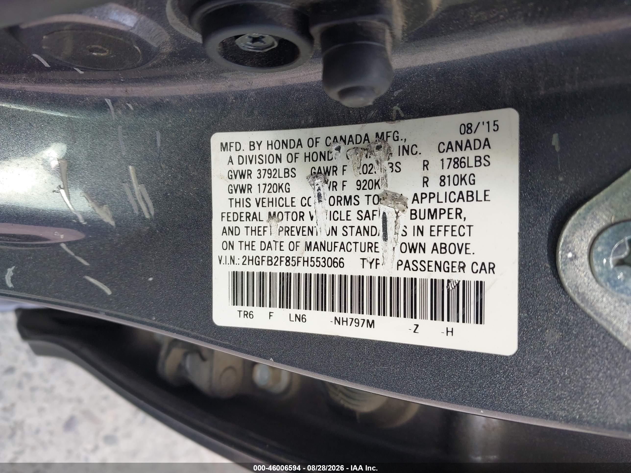 2015 Honda Civic Ex Gray vin: 2HGFB2F85FH553066