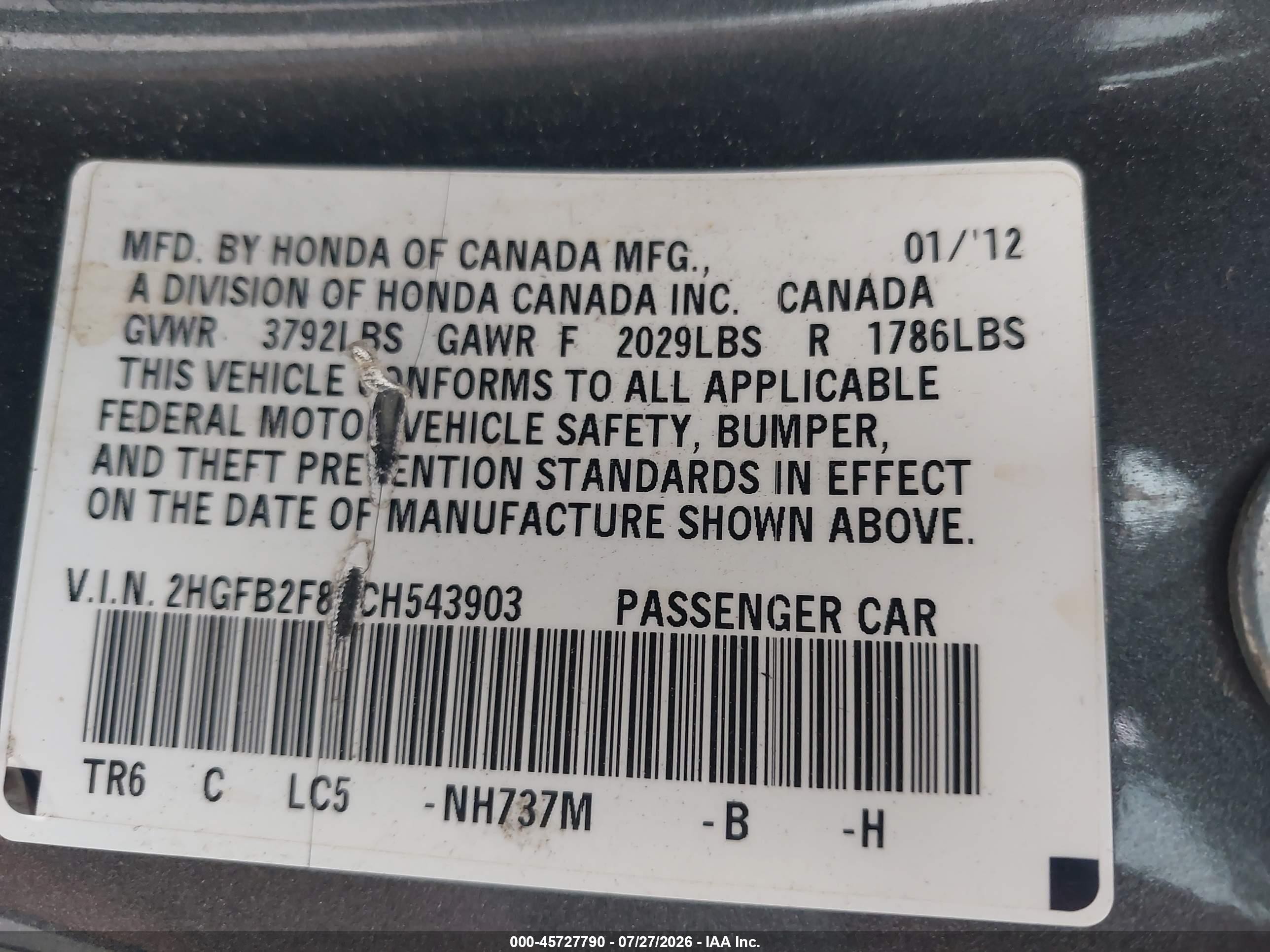 2012 Honda Civic Ex Gray vin: 2HGFB2F86CH543903