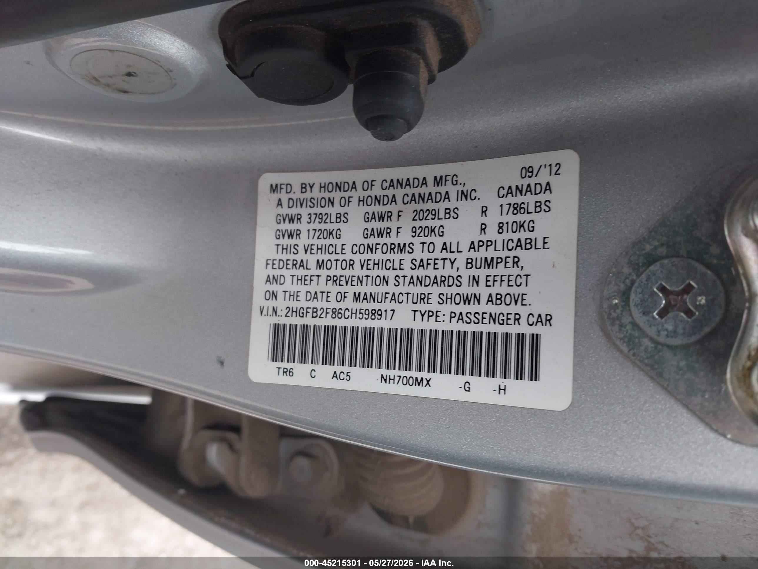 2012 Honda Civic Ex Silver vin: 2HGFB2F86CH598917