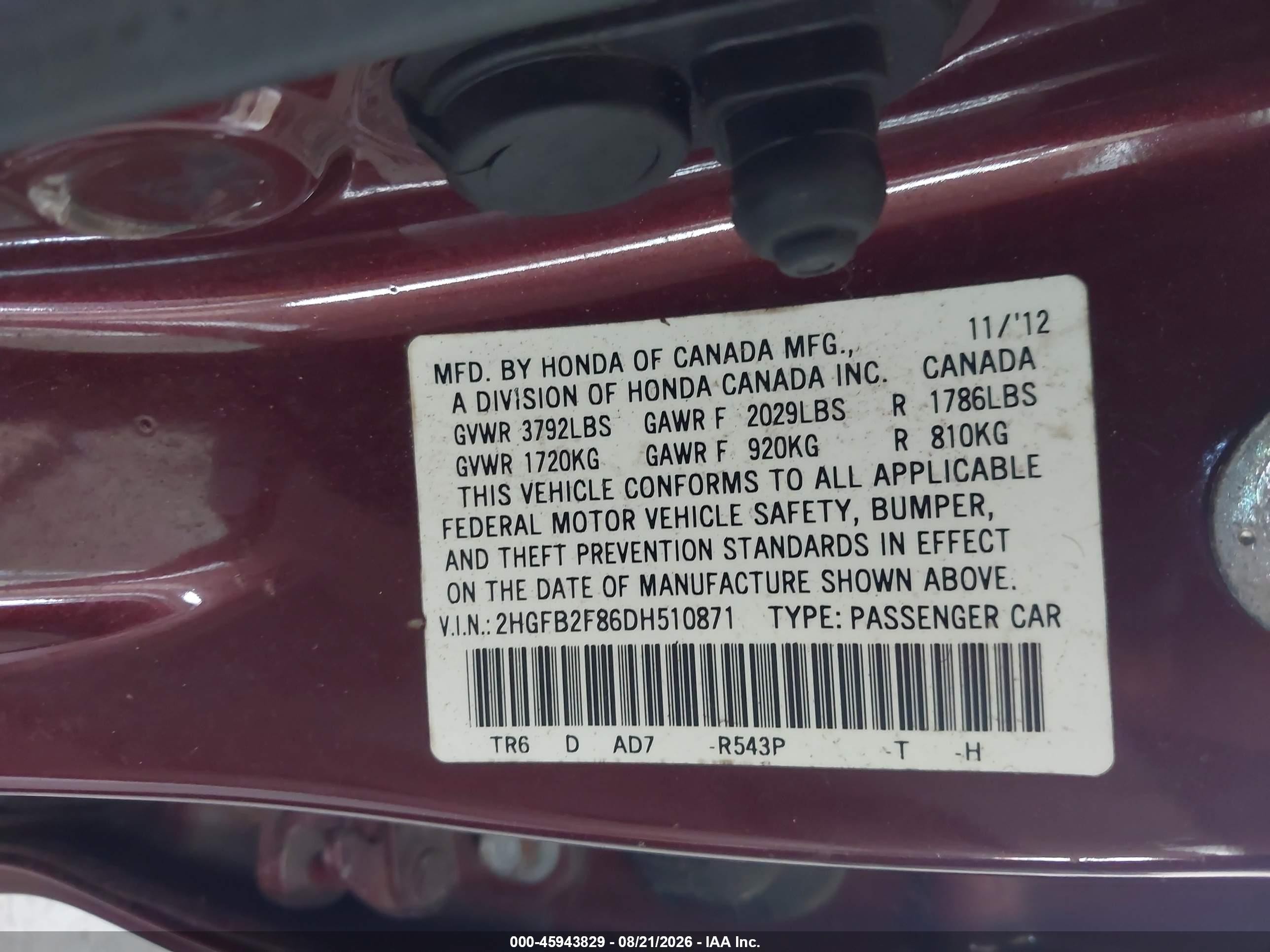 2013 Honda Civic Ex Maroon vin: 2HGFB2F86DH510871