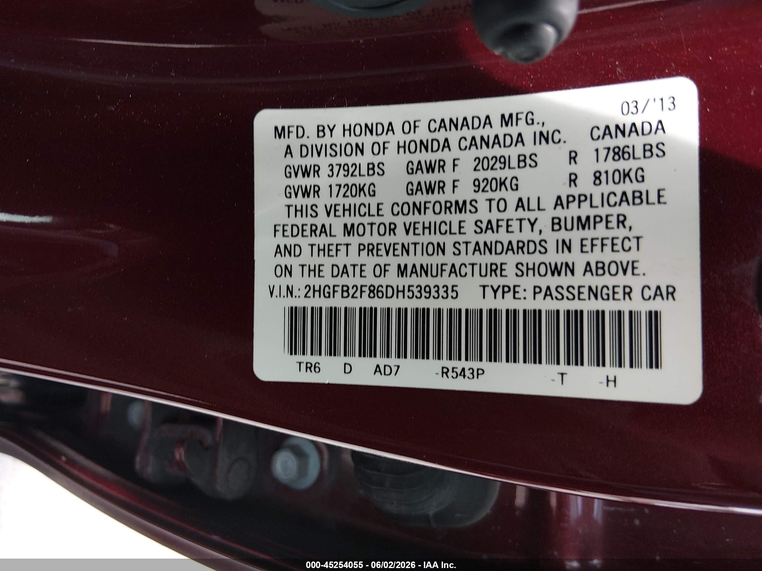 2013 Honda Civic Ex Burgundy vin: 2HGFB2F86DH539335