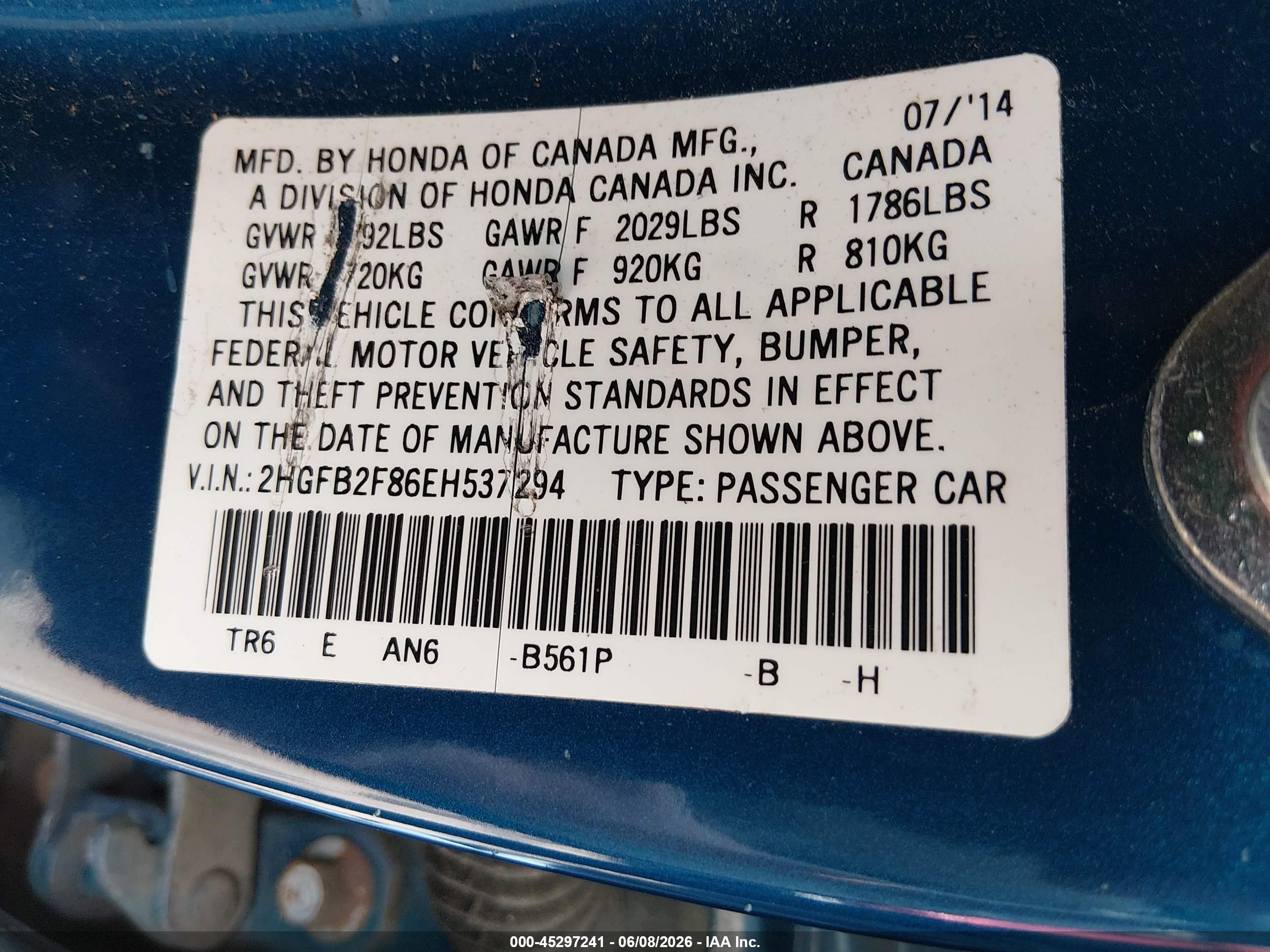 2014 Honda Civic Ex Blue vin: 2HGFB2F86EH537294