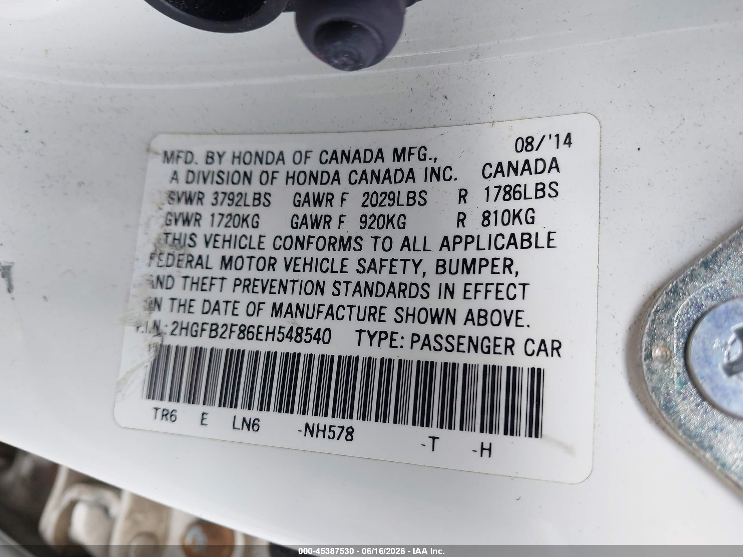 2014 Honda Civic Ex White vin: 2HGFB2F86EH548540