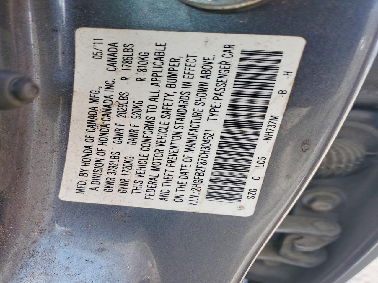 2012 Honda Civic Ex Gray vin: 2HGFB2F87CH304621