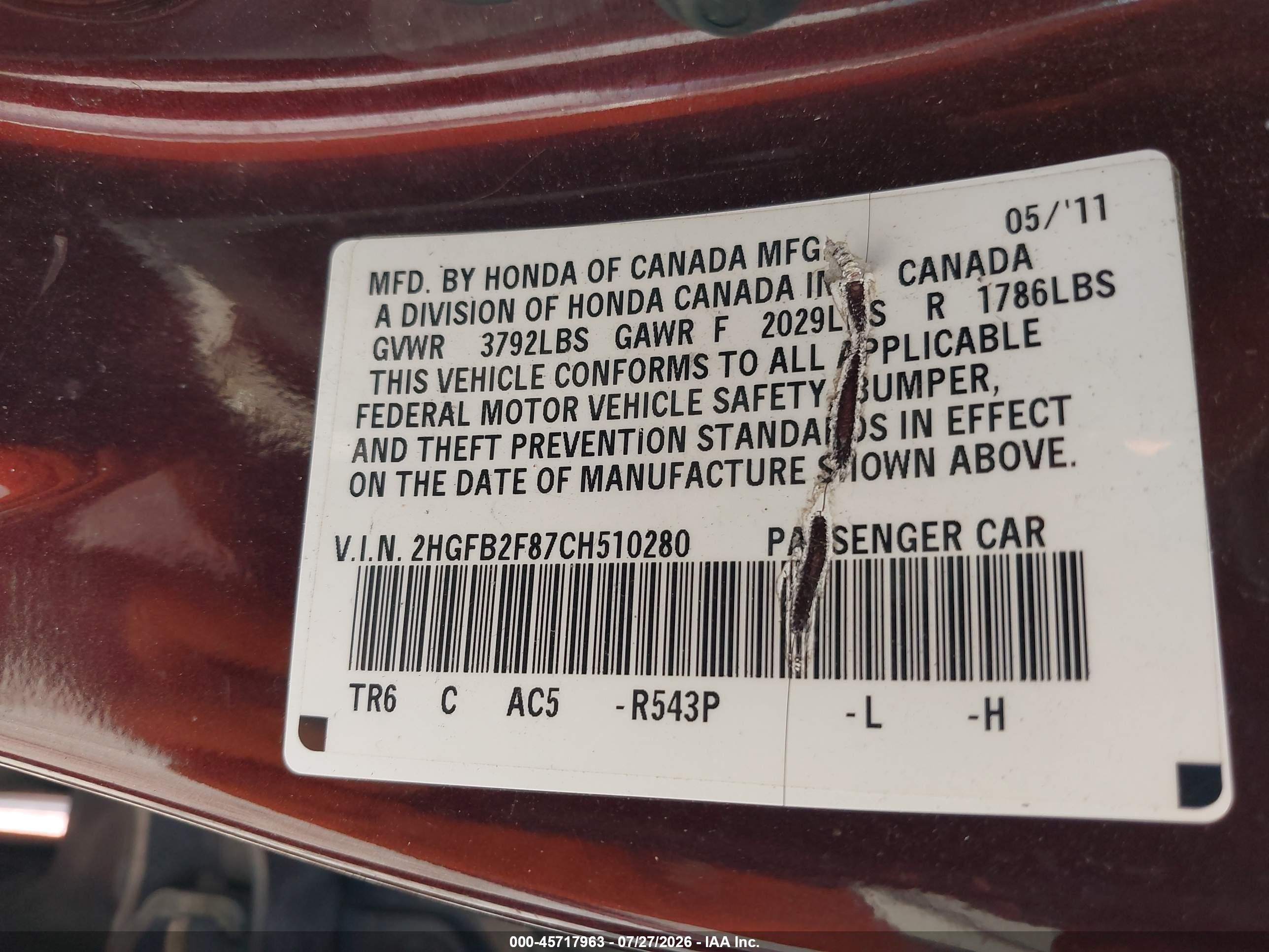 2012 Honda Civic Ex Burgundy vin: 2HGFB2F87CH510280