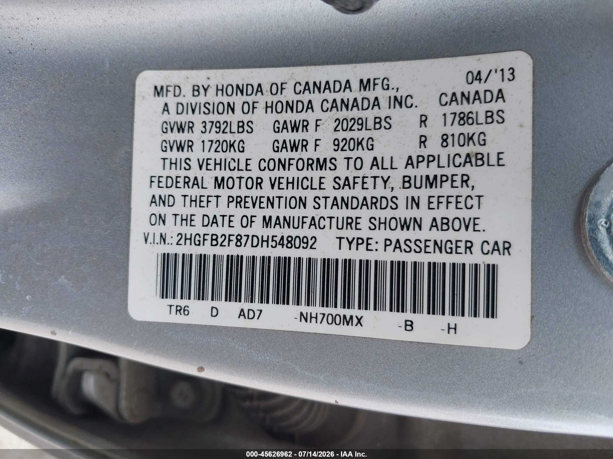 2013 Honda Civic Ex Silver vin: 2HGFB2F87DH548092