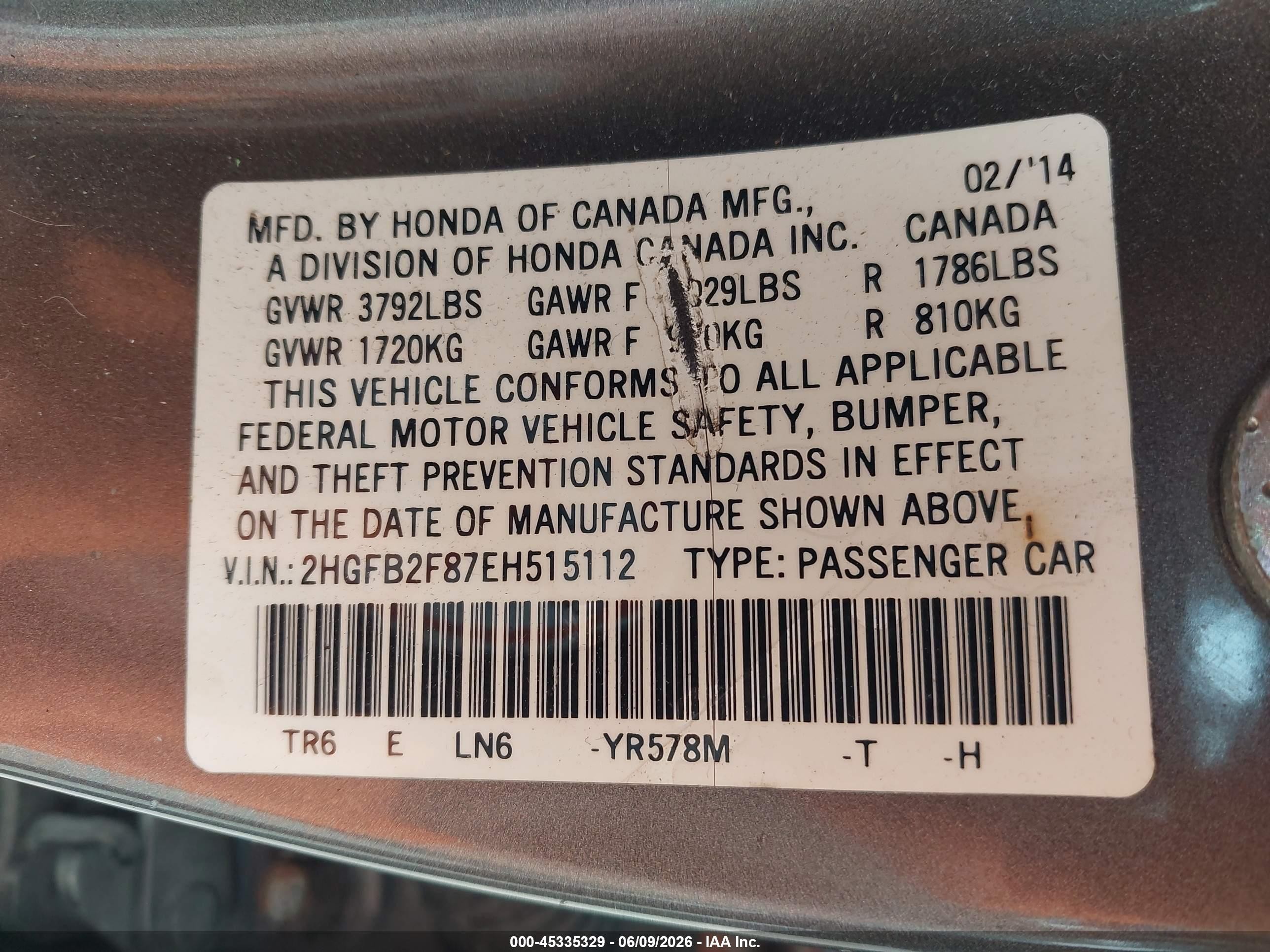 2014 Honda Civic Ex Gray vin: 2HGFB2F87EH515112