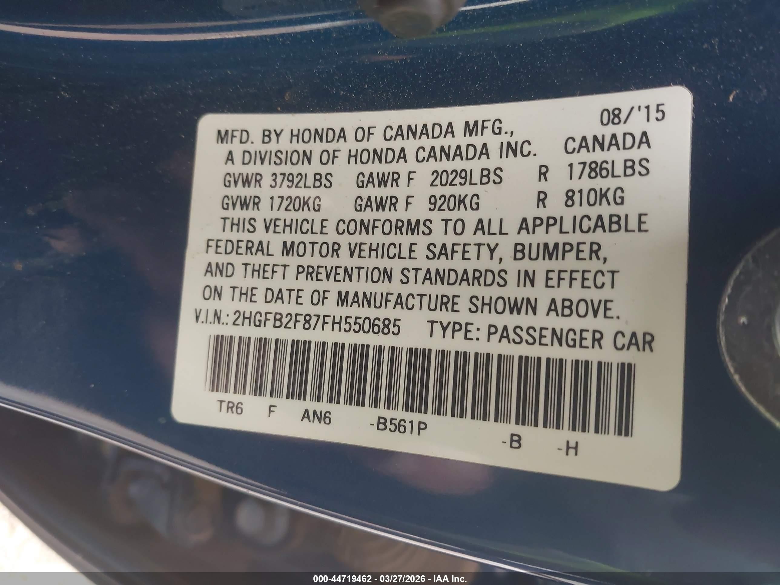 2015 Honda Civic Ex Blue vin: 2HGFB2F87FH550685