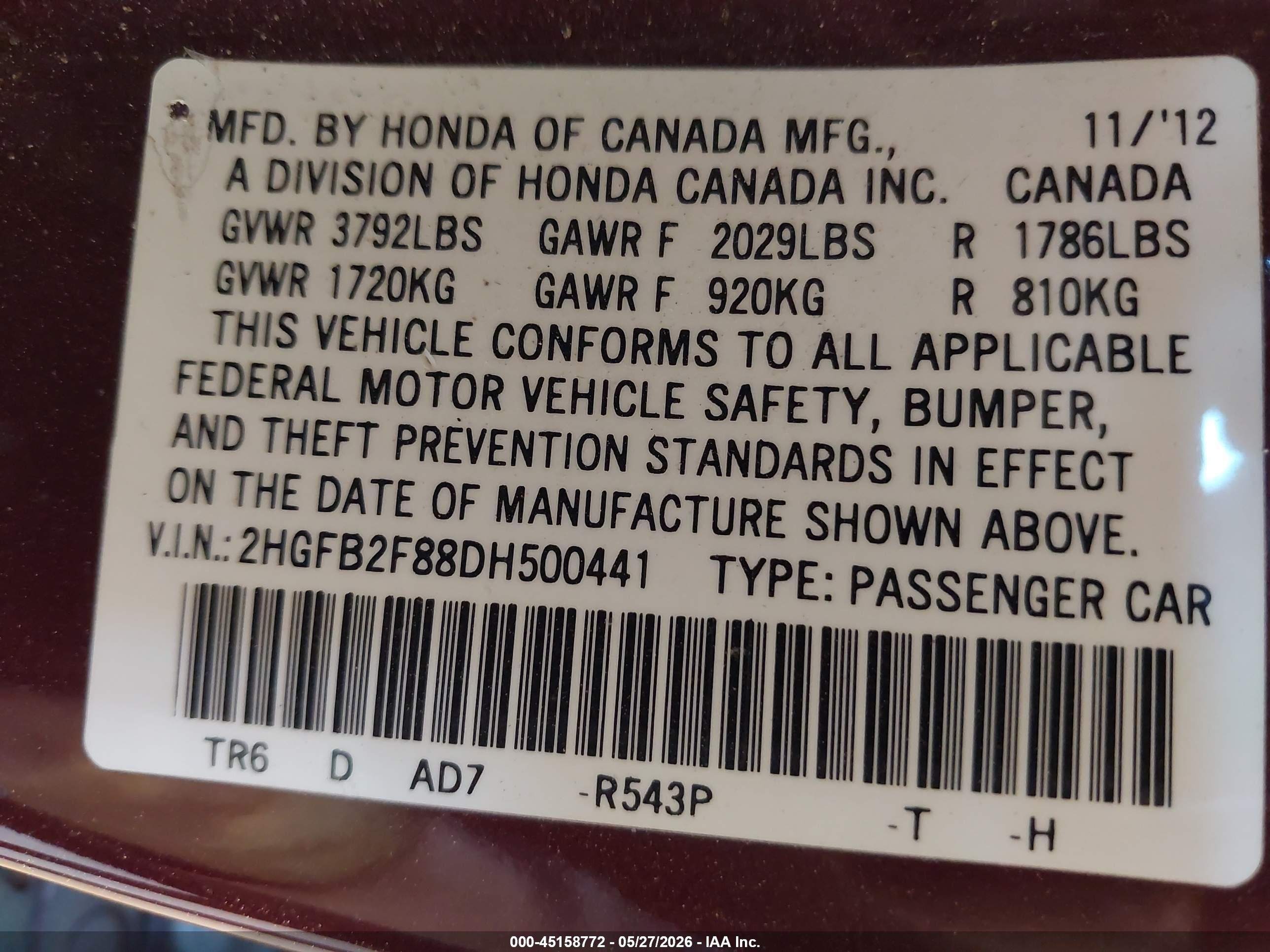 2013 Honda Civic Ex Maroon vin: 2HGFB2F88DH500441