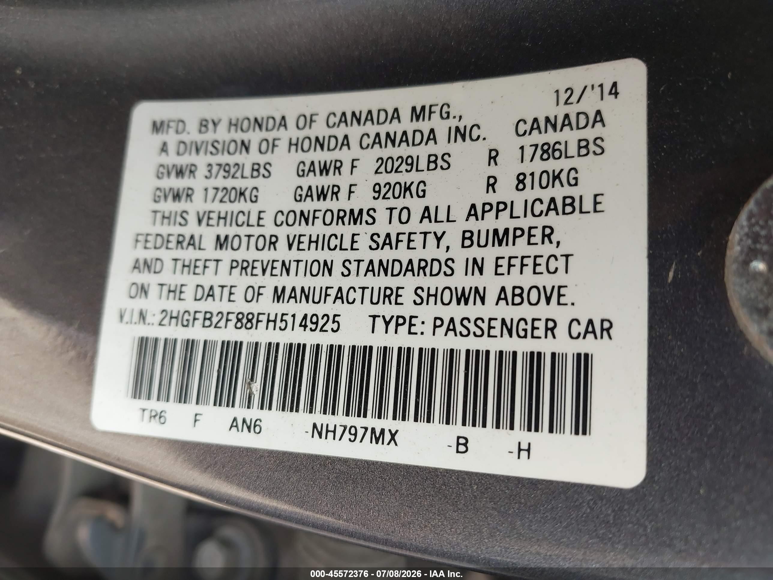 2015 Honda Civic Ex Серый vin: 2HGFB2F88FH514925