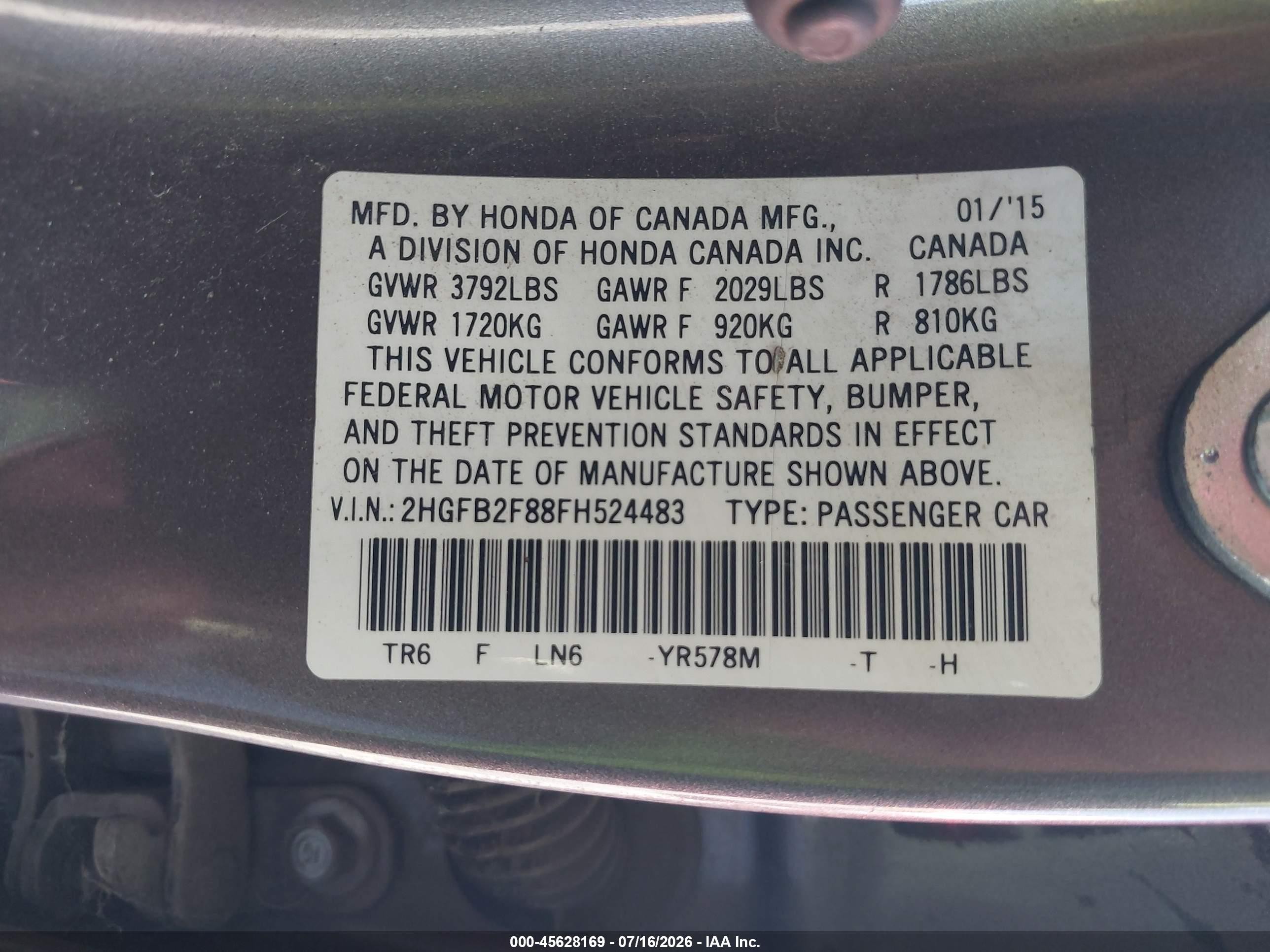 2015 Honda Civic Ex Gray vin: 2HGFB2F88FH524483