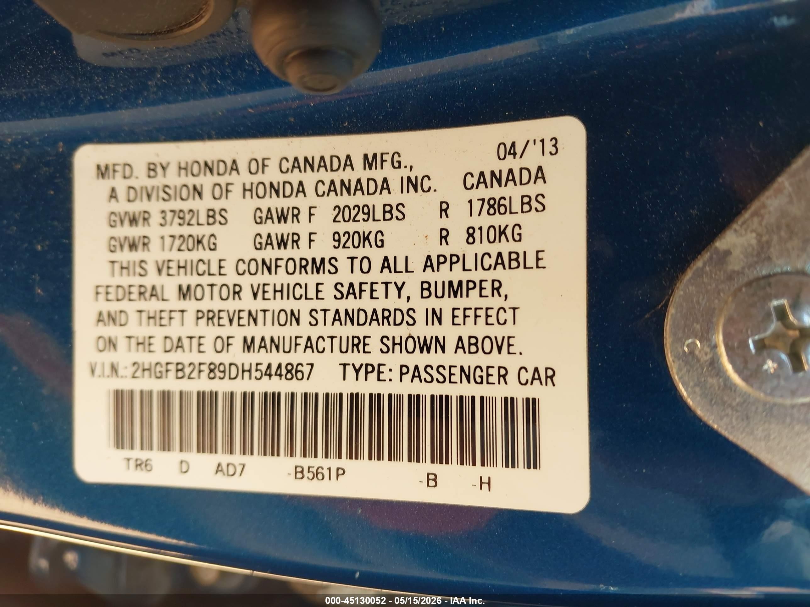 2013 Honda Civic Ex Blue vin: 2HGFB2F89DH544867