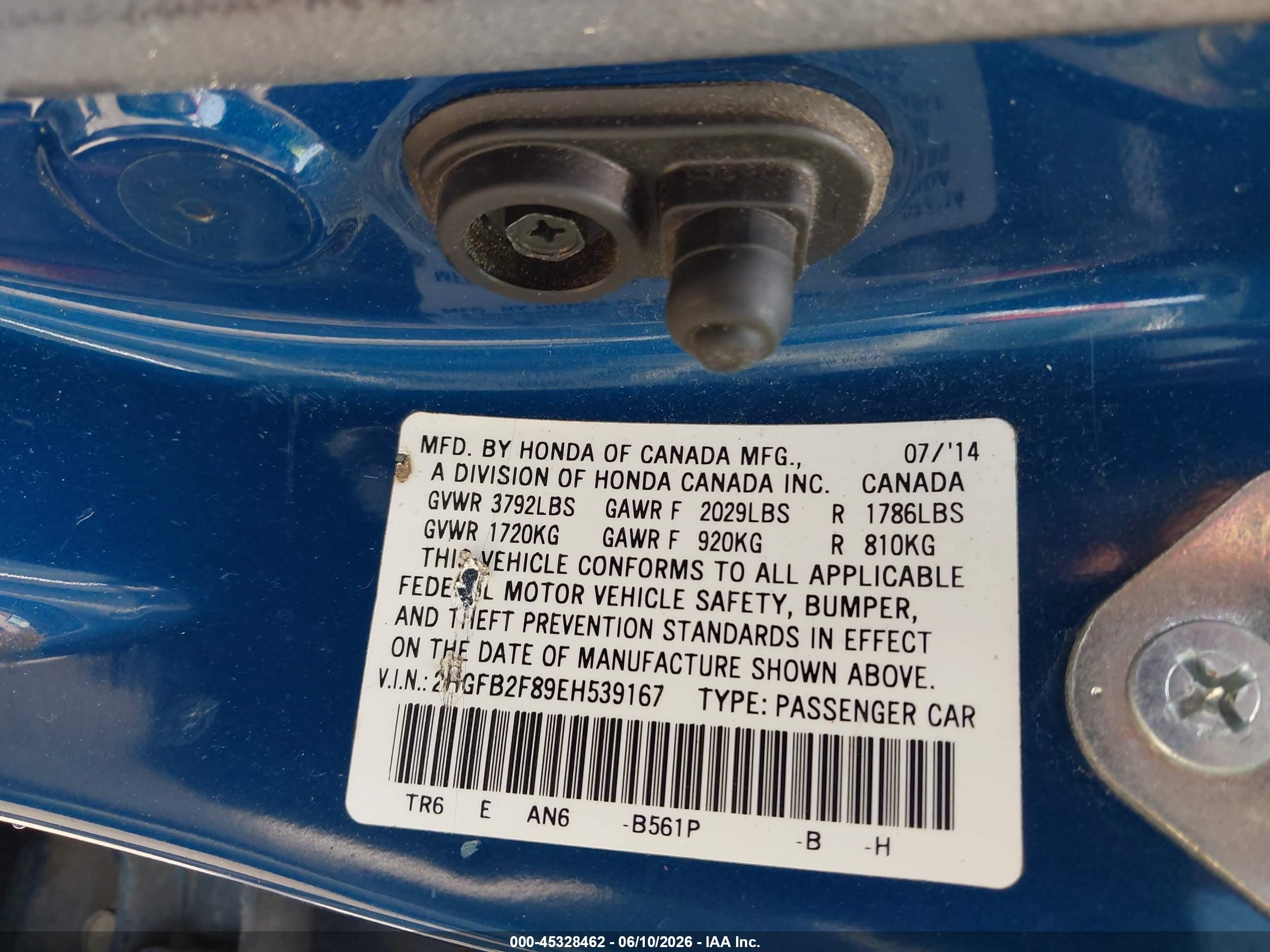 2014 Honda Civic Ex Blue vin: 2HGFB2F89EH539167