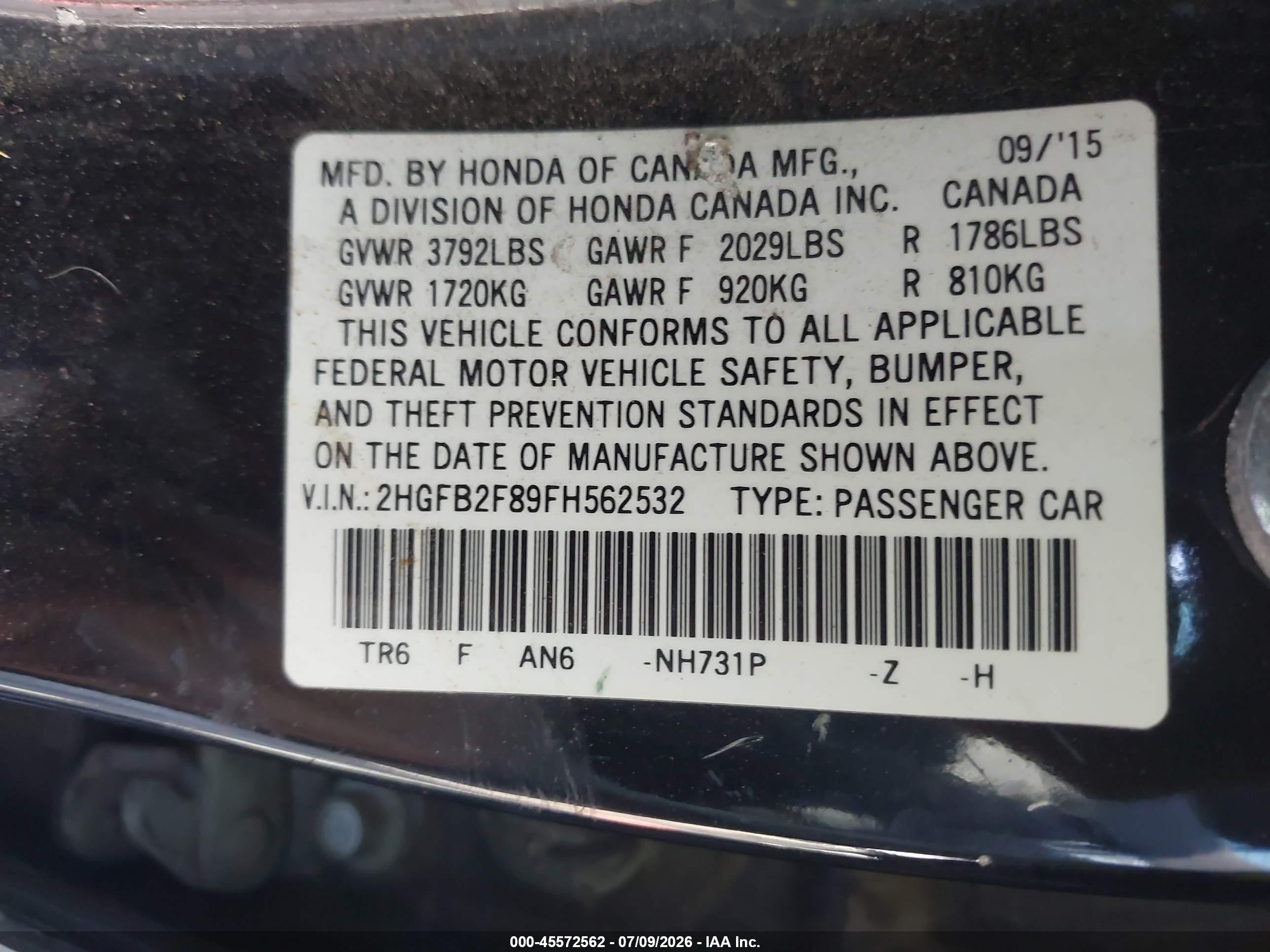 2015 Honda Civic Ex Black vin: 2HGFB2F89FH562532