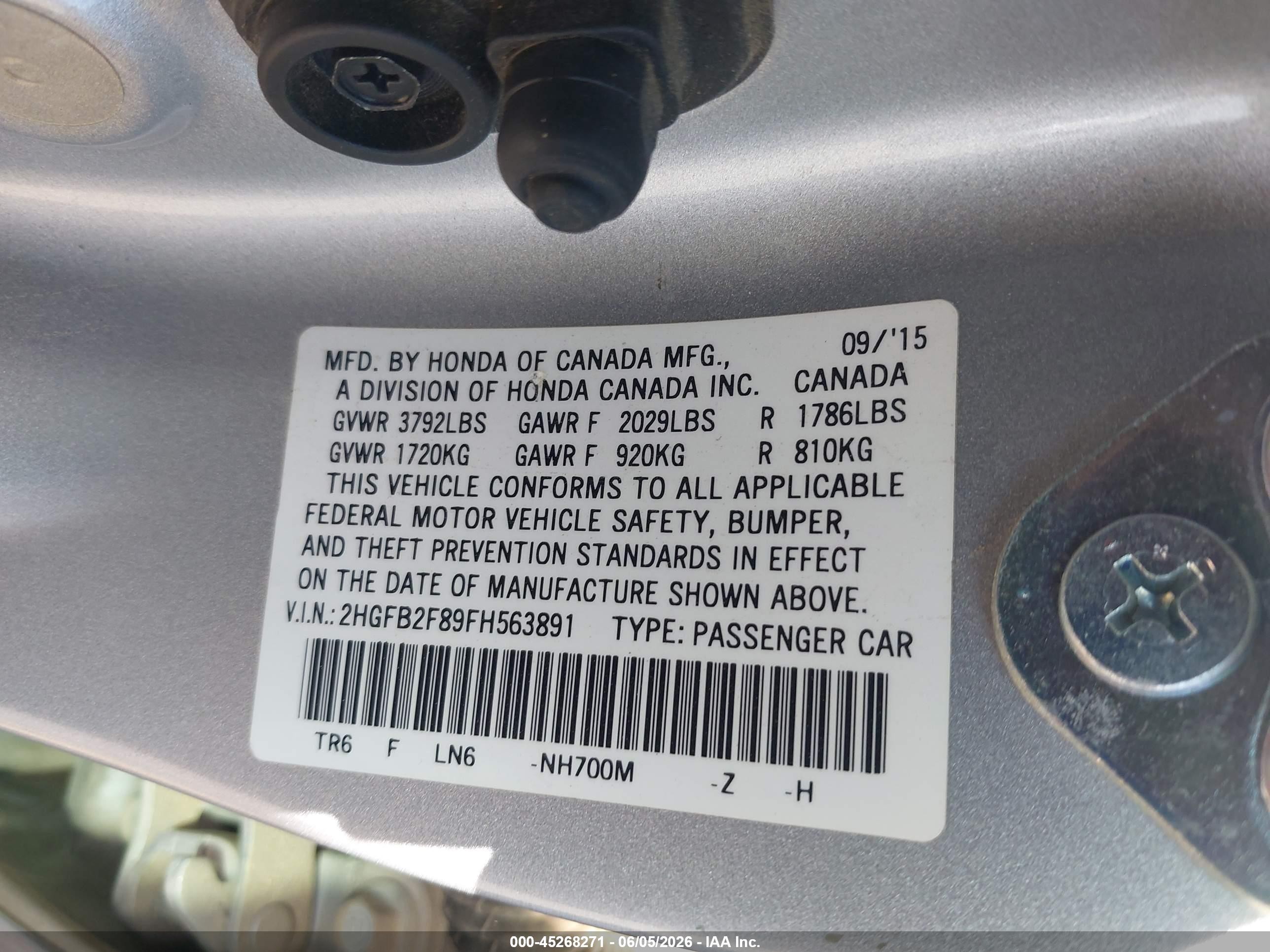 2015 Honda Civic Ex Silver vin: 2HGFB2F89FH563891
