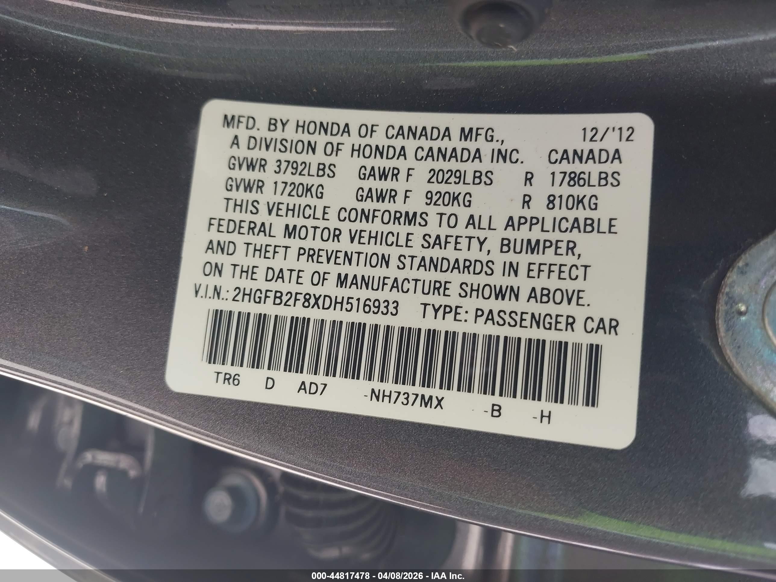 2013 Honda Civic Ex Gray vin: 2HGFB2F8XDH516933