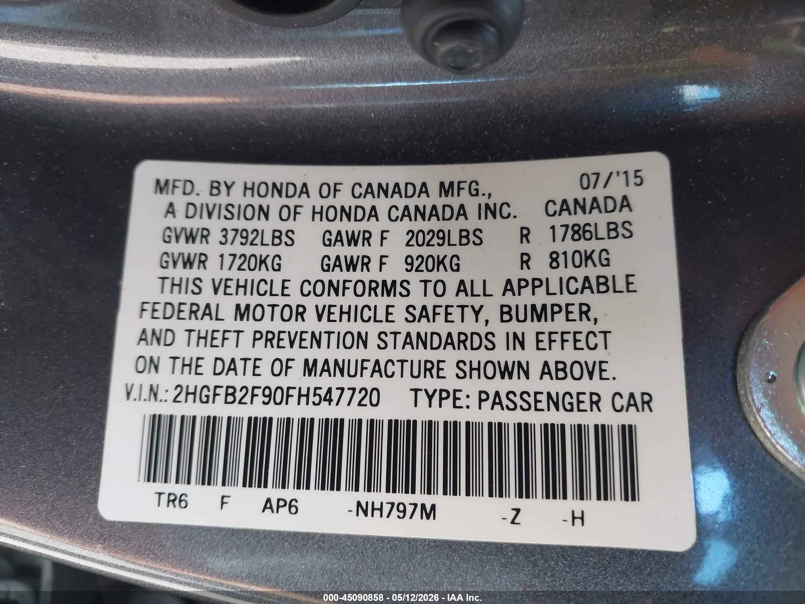 2015 Honda Civic Ex-l Gray vin: 2HGFB2F90FH547720