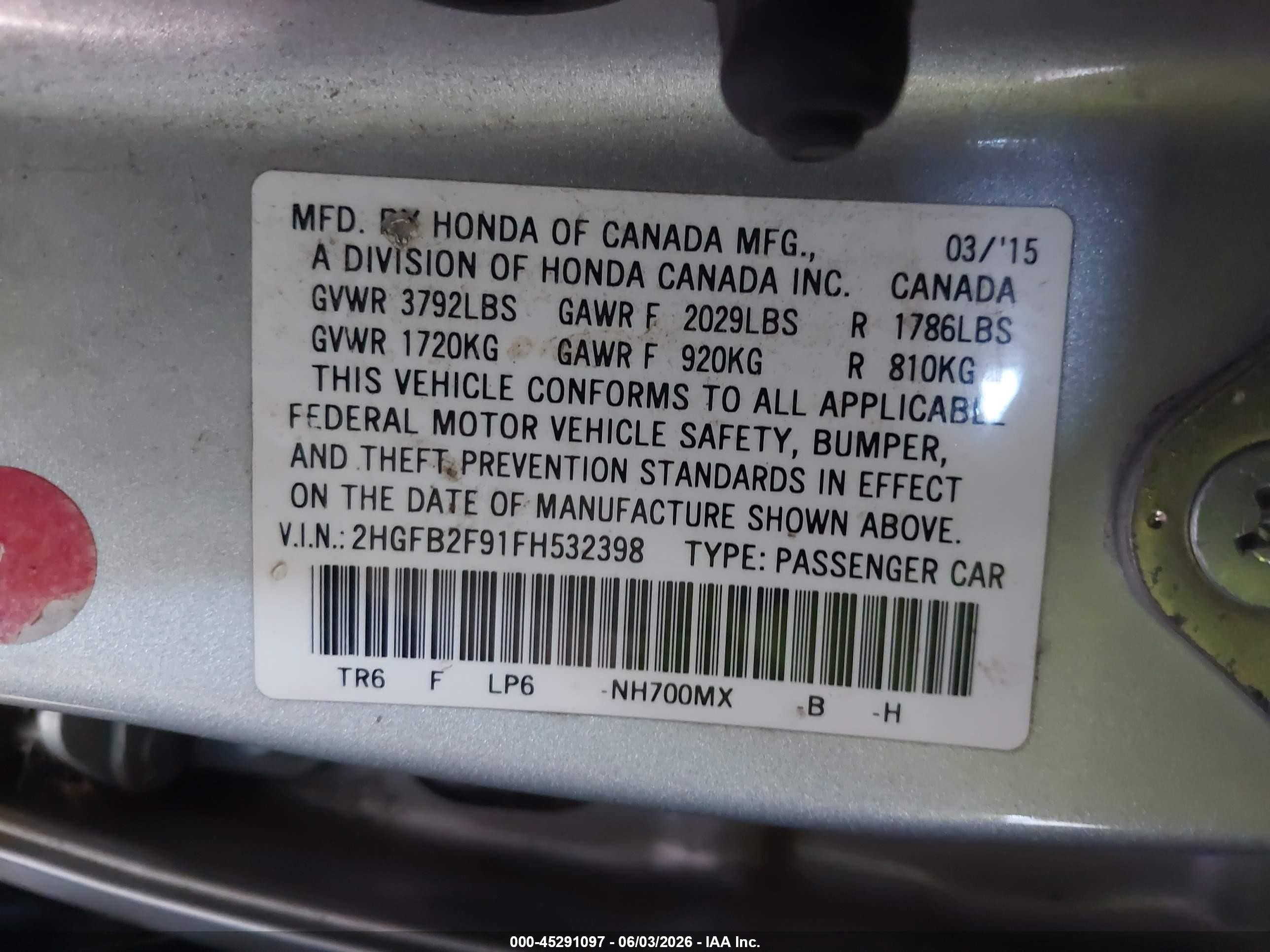 2015 Honda Civic Ex-l Gray vin: 2HGFB2F91FH532398