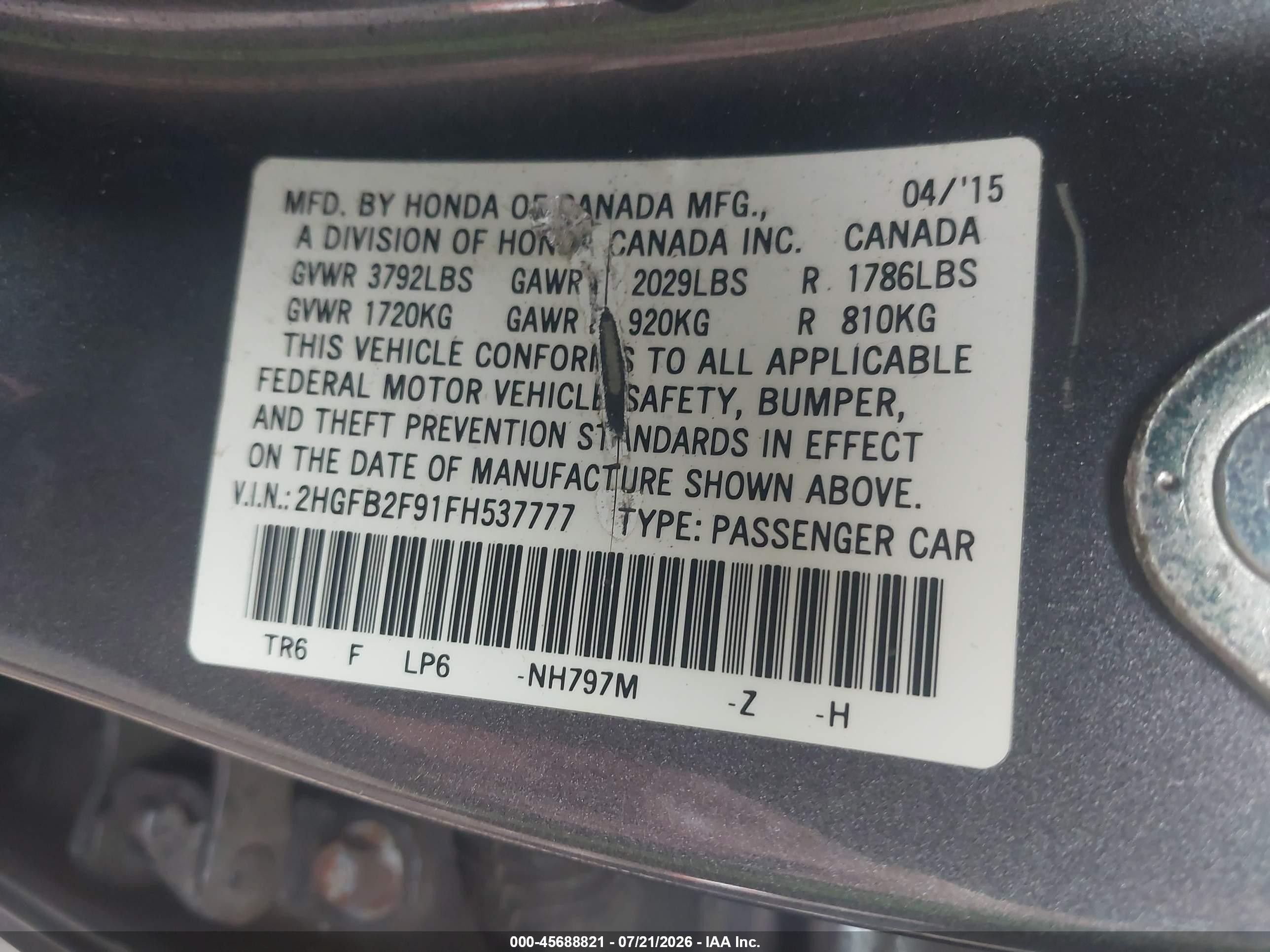 2015 Honda Civic Ex-l Gray vin: 2HGFB2F91FH537777