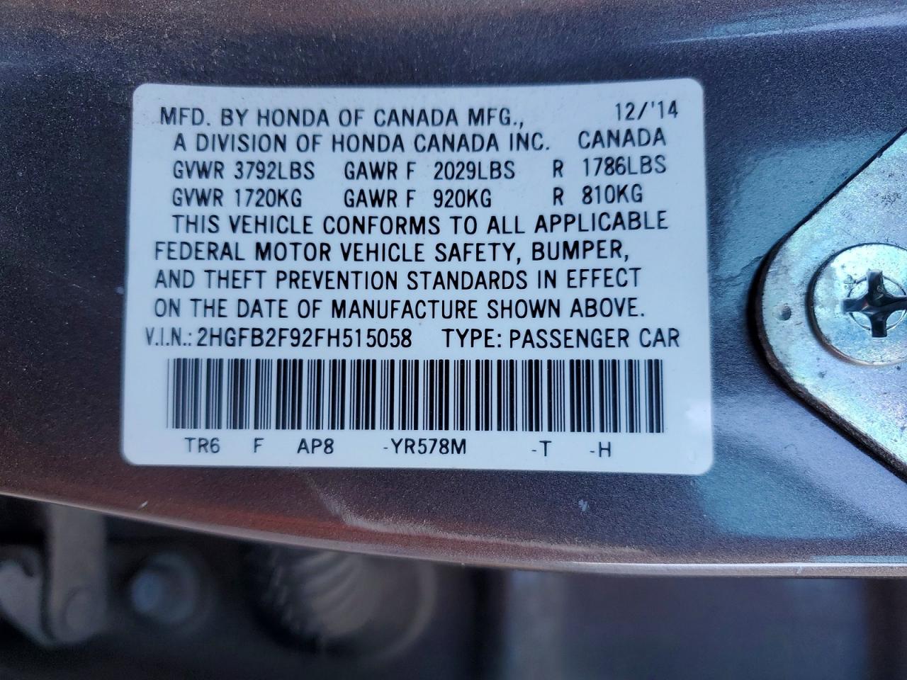 2015 Honda Civic Exl Gray vin: 2HGFB2F92FH515058