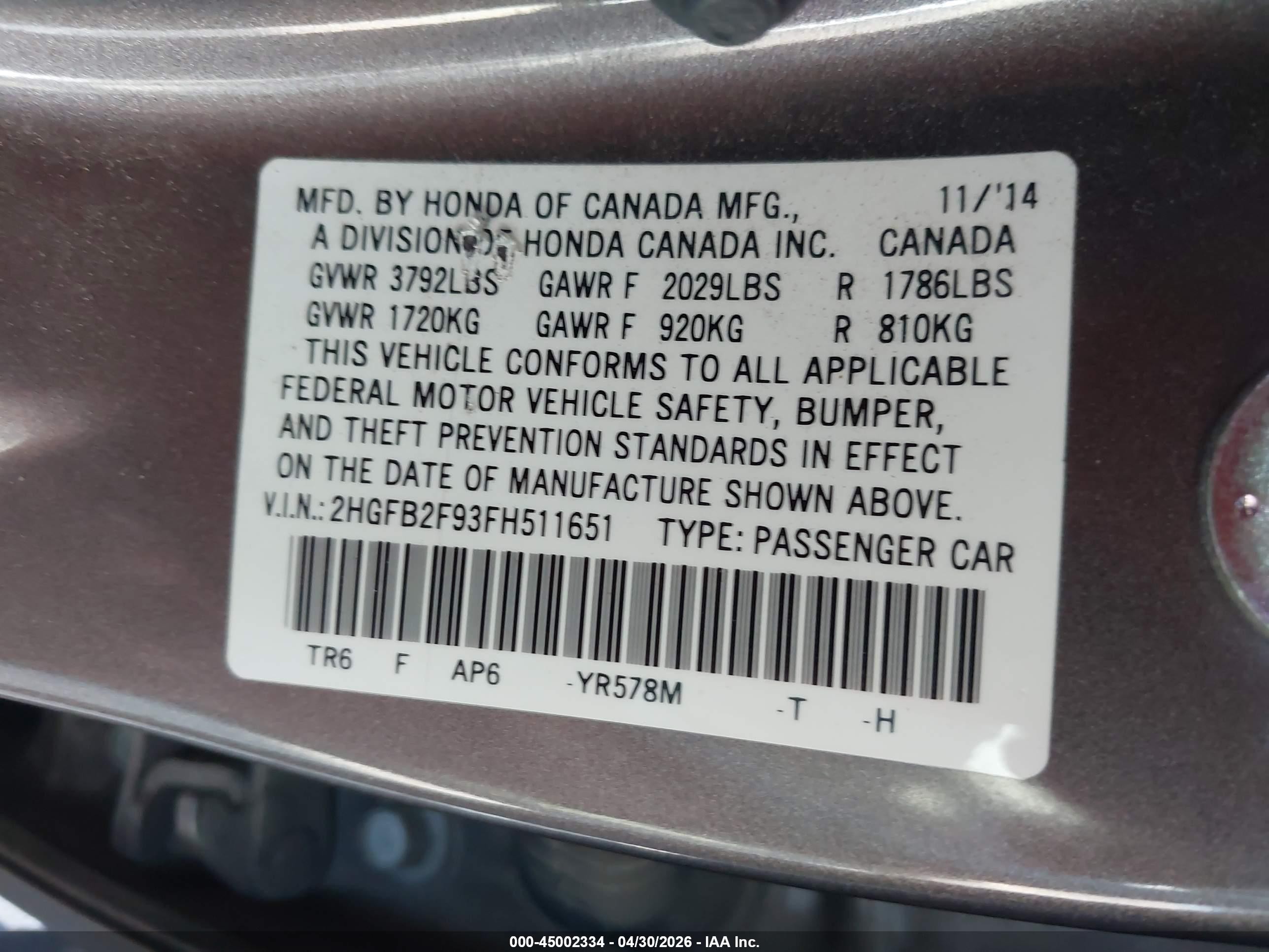 2015 Honda Civic Ex-l Gray vin: 2HGFB2F93FH511651