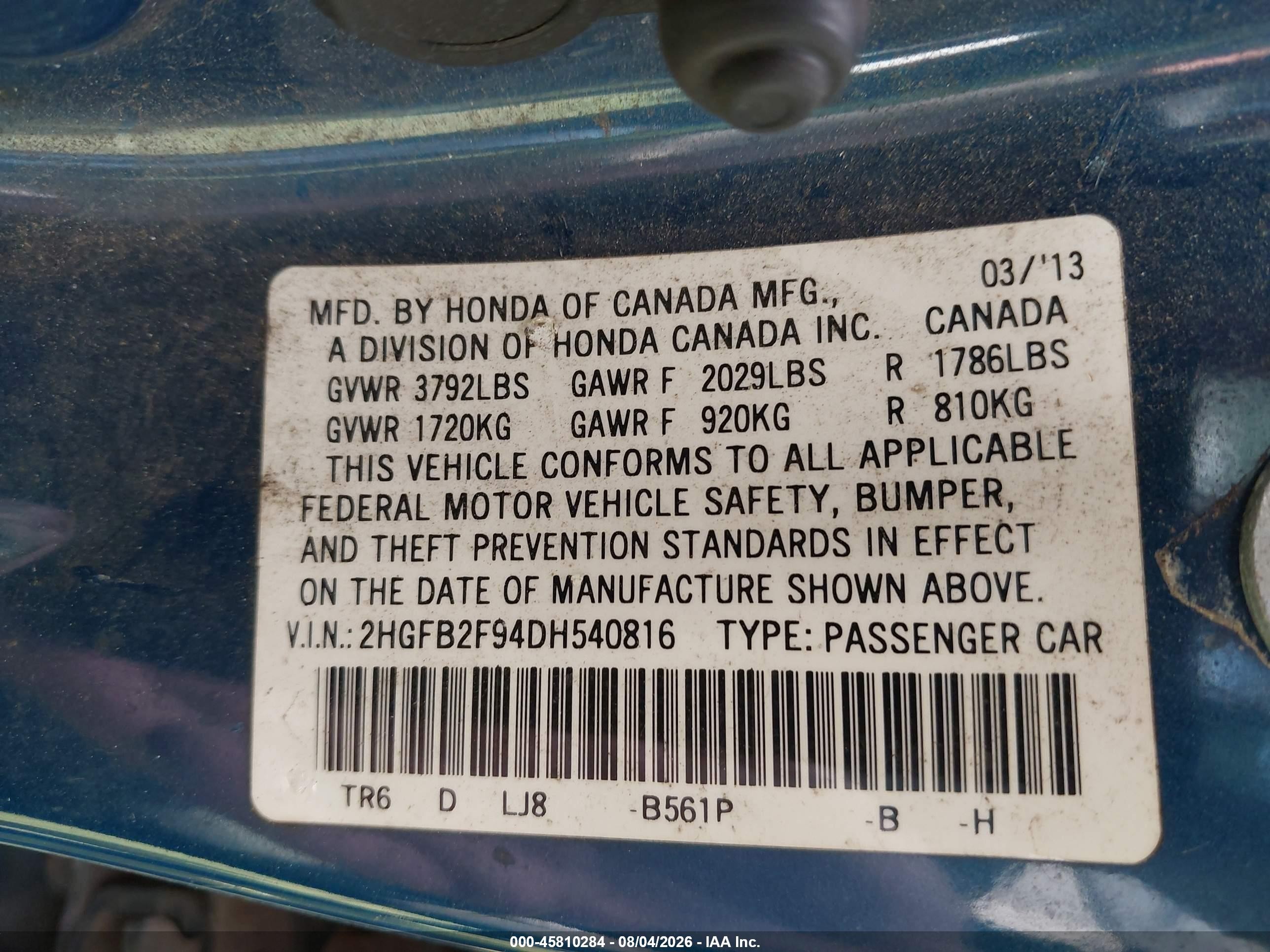 2013 Honda Civic Ex-l Blue vin: 2HGFB2F94DH540816