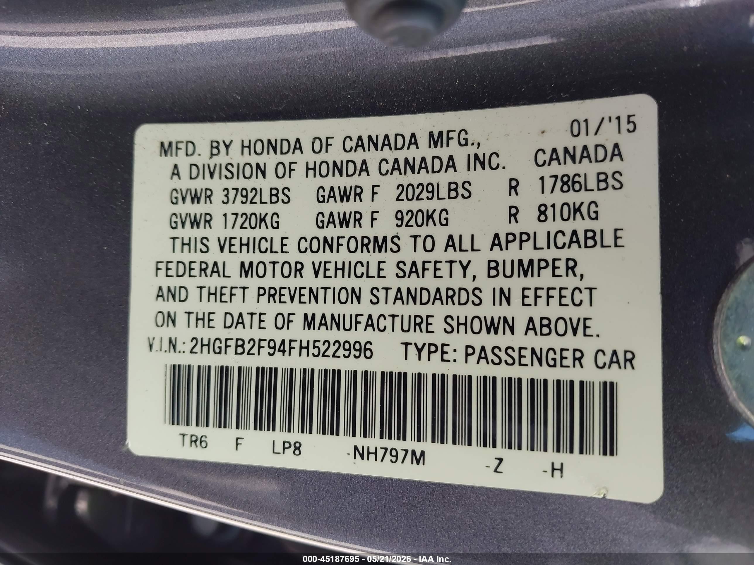 2015 Honda Civic Ex-l Gray vin: 2HGFB2F94FH522996