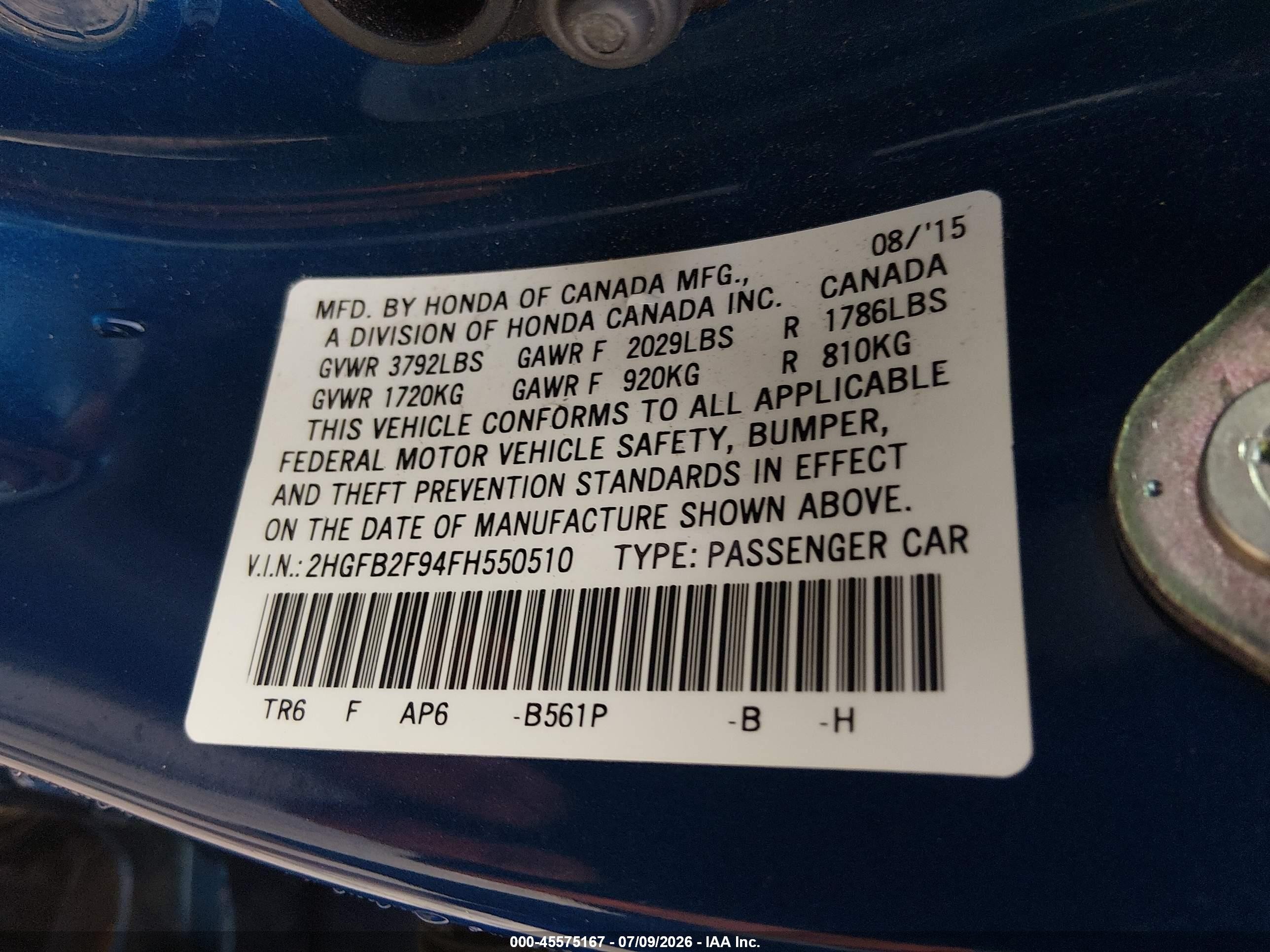 2015 Honda Civic Ex-l Blue vin: 2HGFB2F94FH550510