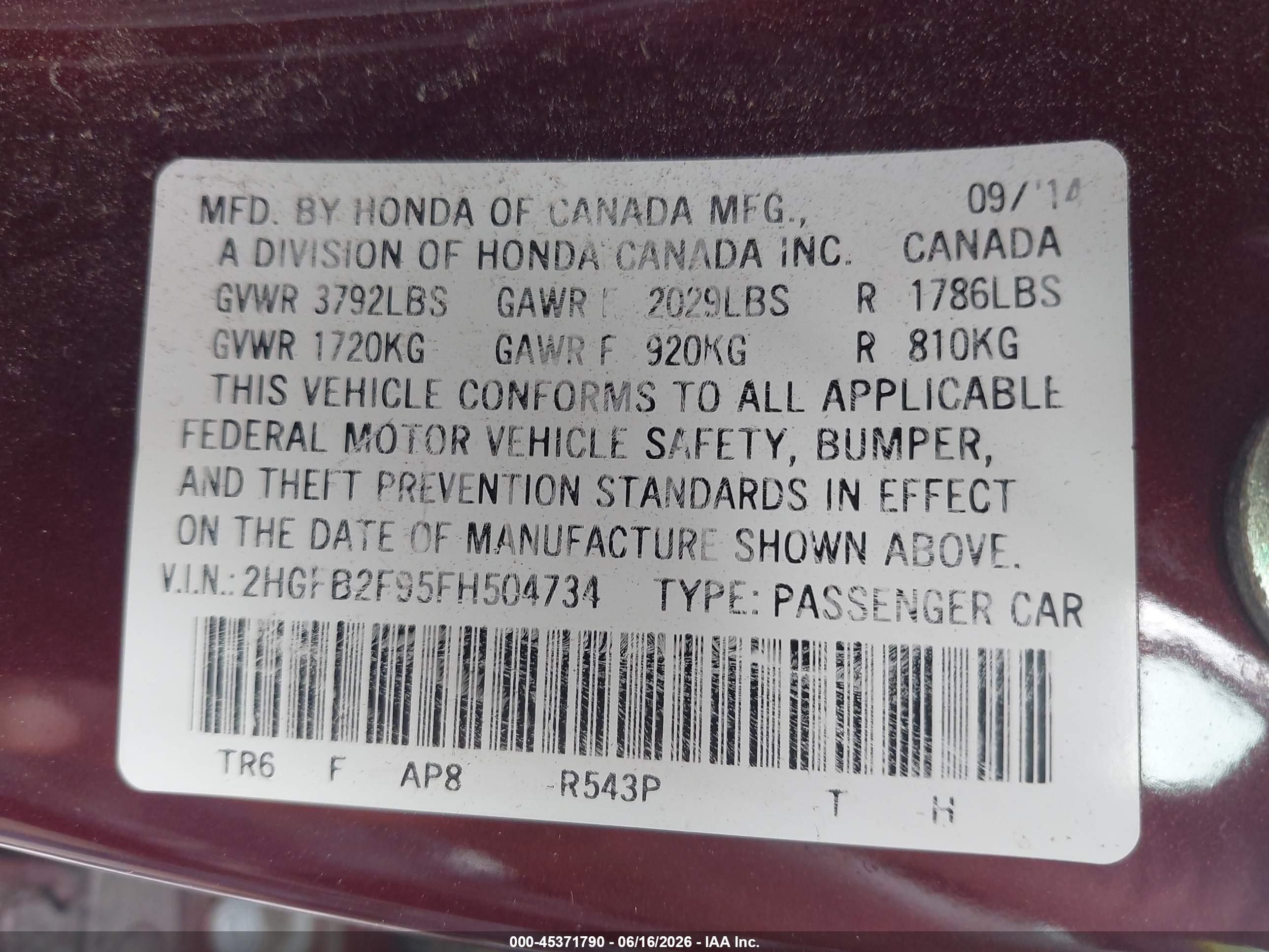 2015 Honda Civic Ex-l Maroon vin: 2HGFB2F95FH504734