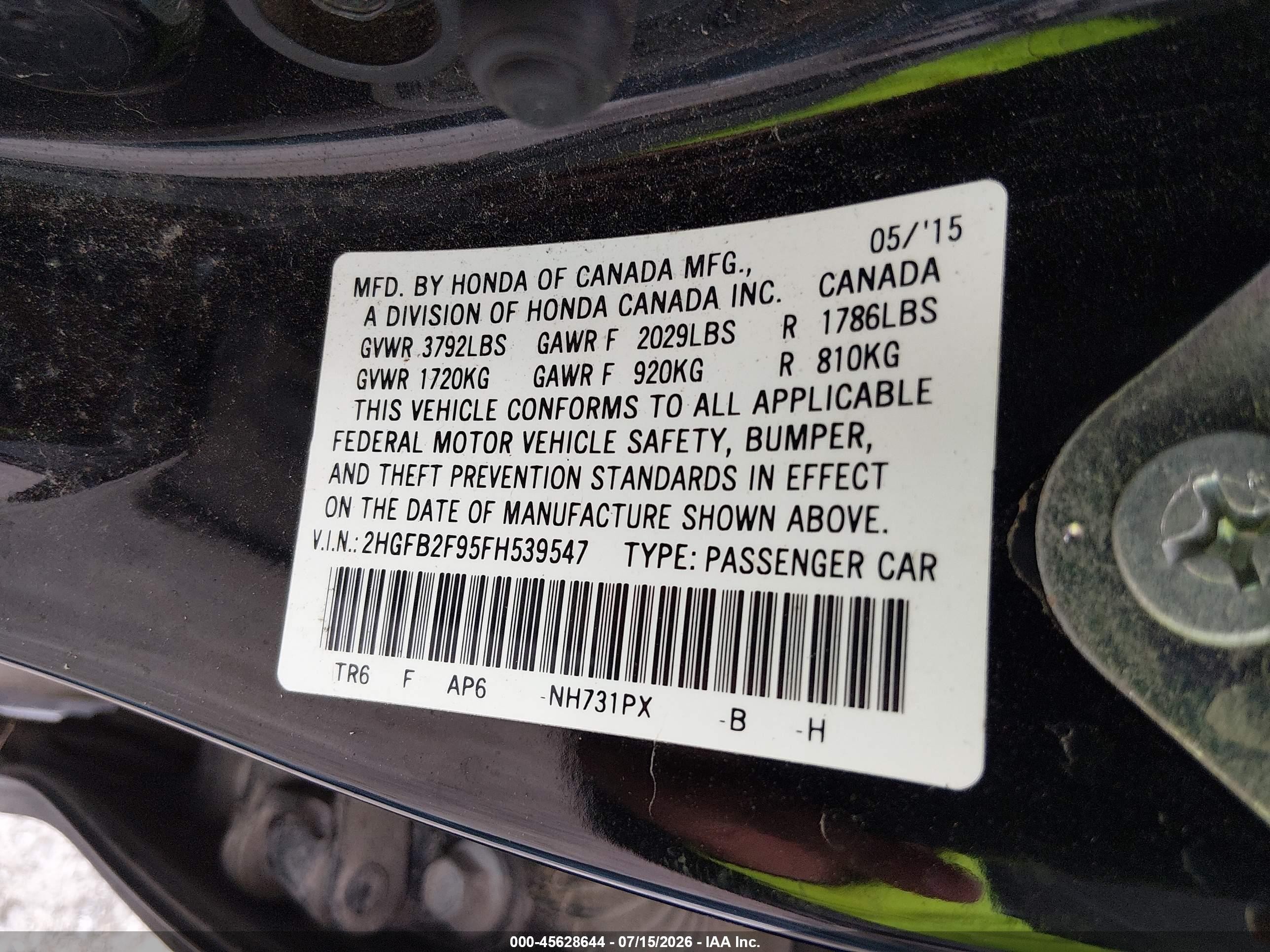 2015 Honda Civic Ex-l Black vin: 2HGFB2F95FH539547