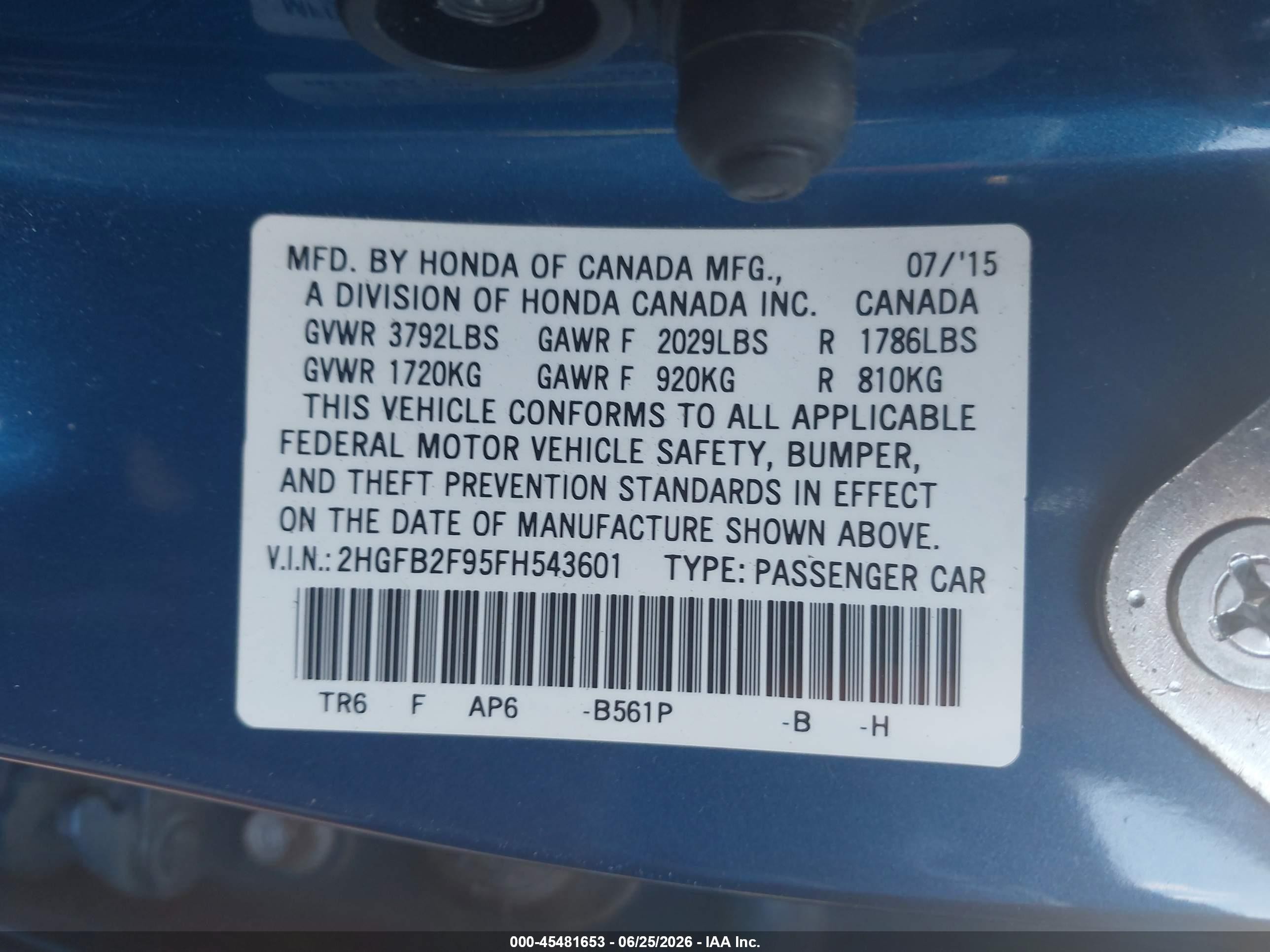 2015 Honda Civic Ex-l Blue vin: 2HGFB2F95FH543601