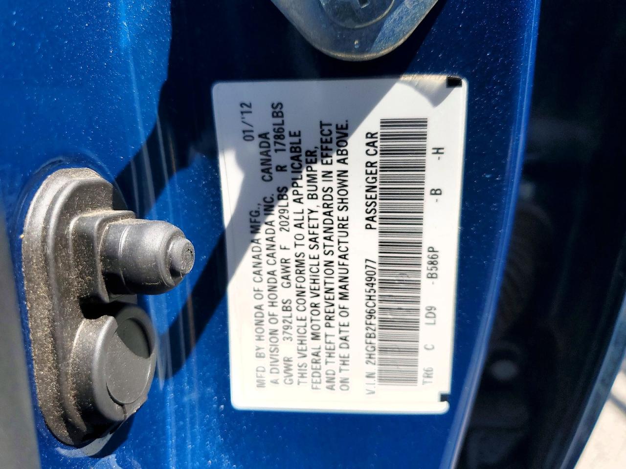2012 Honda Civic Exl Blue vin: 2HGFB2F96CH549077