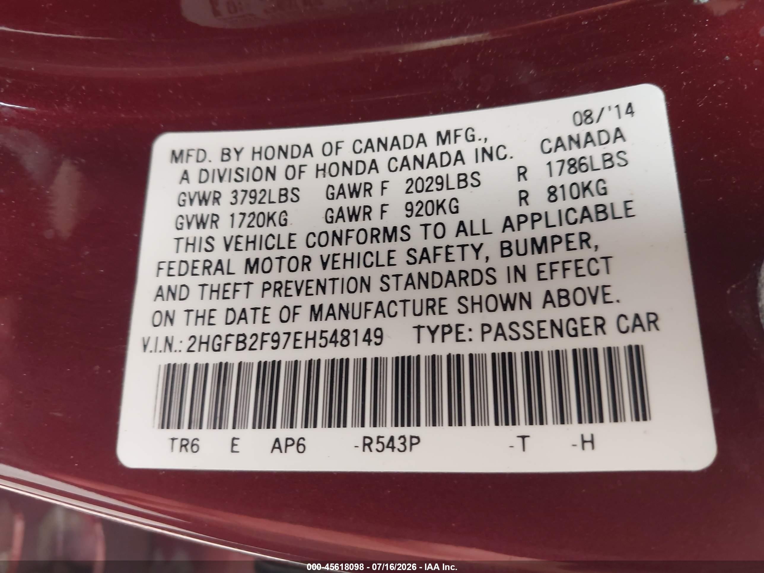 2014 Honda Civic Ex-l Burgundy vin: 2HGFB2F97EH548149