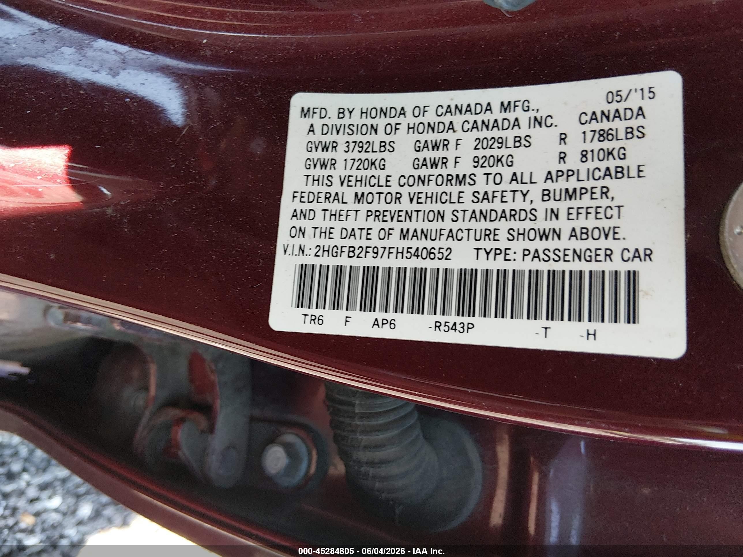 2015 Honda Civic Ex-l Burgundy vin: 2HGFB2F97FH540652