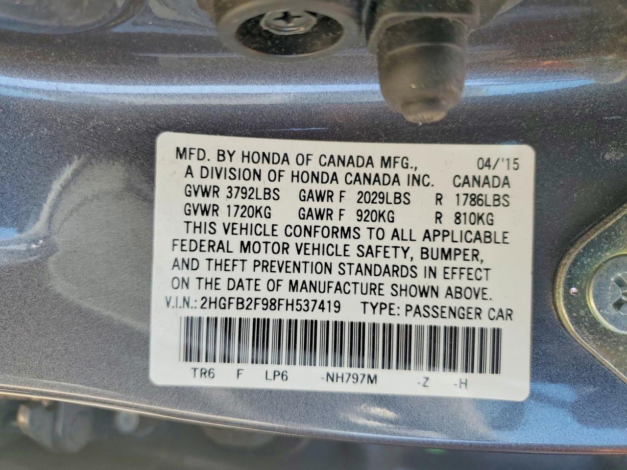 2015 Honda Civic Exl Gray vin: 2HGFB2F98FH537419