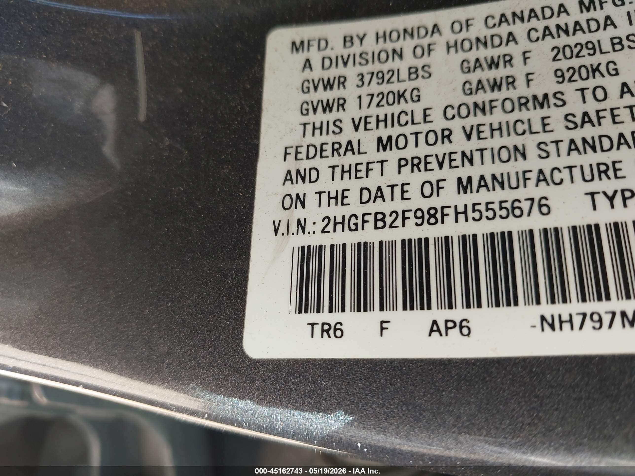 2015 Honda Civic Ex-l Gray vin: 2HGFB2F98FH555676