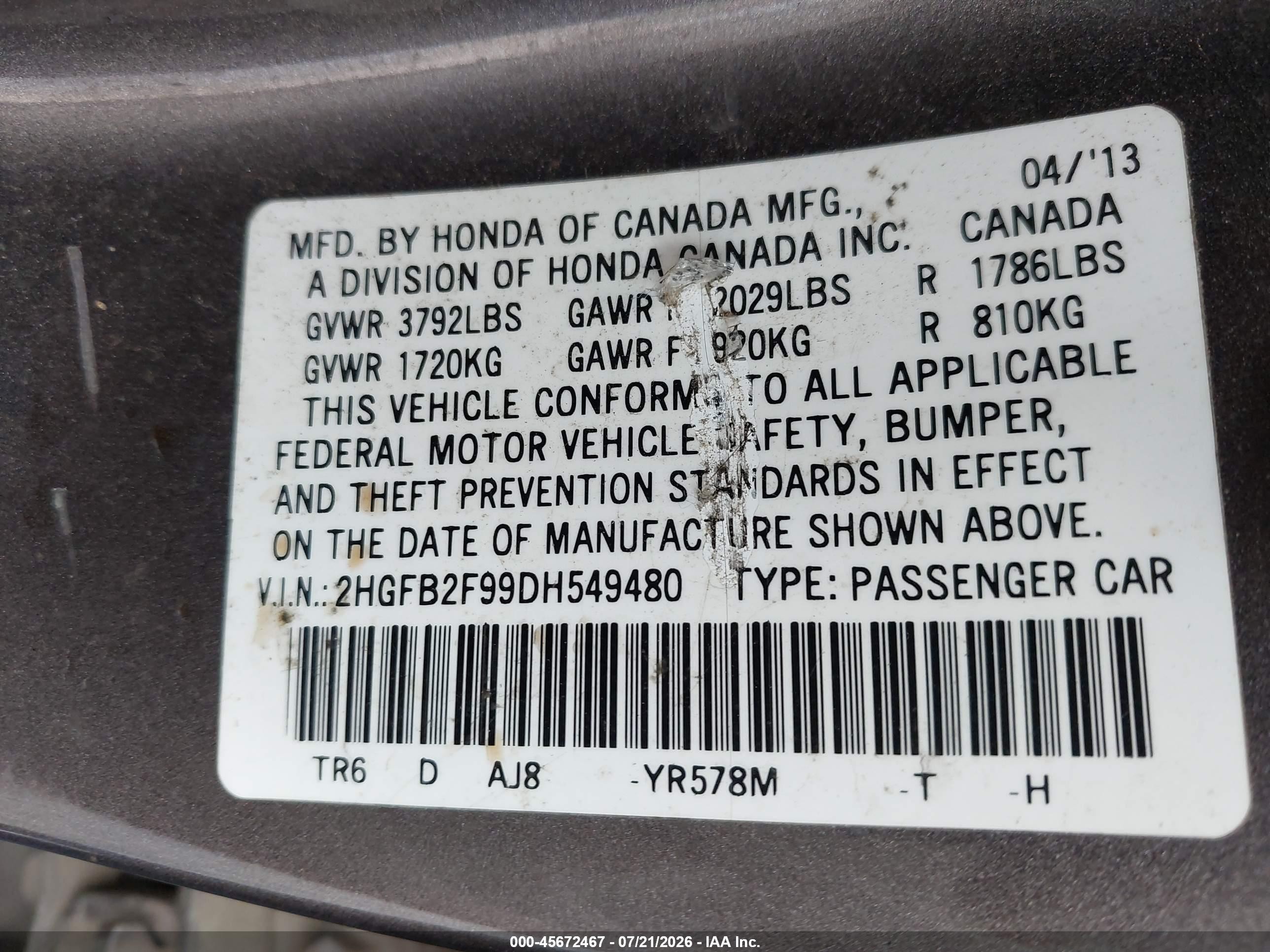 2013 Honda Civic Ex-l Tan vin: 2HGFB2F99DH549480